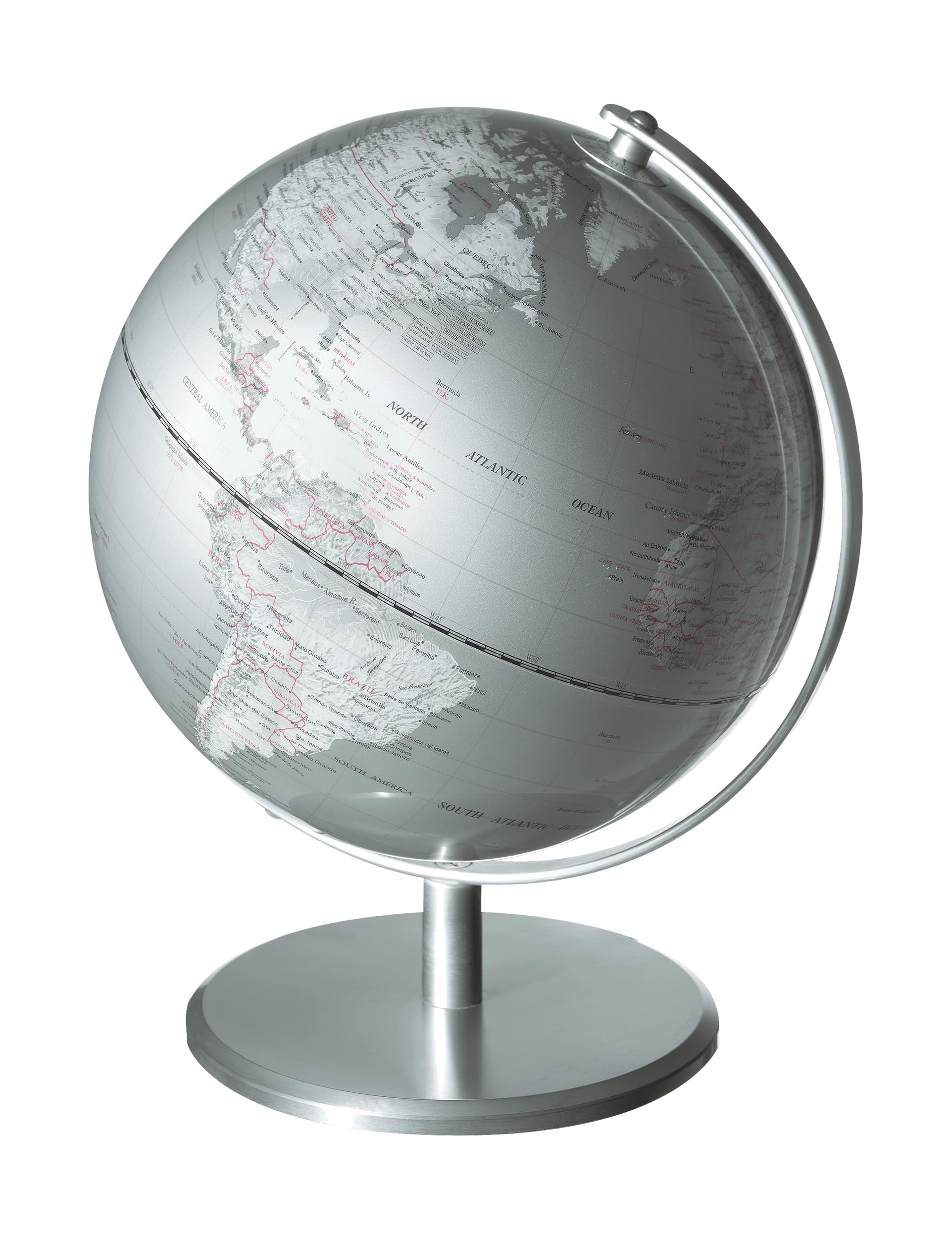 Globus mit 25 cm Durchmesser – PLANET – verchromter Metallfuß – bewegliche Achse – silberfarben – TROIKA Original