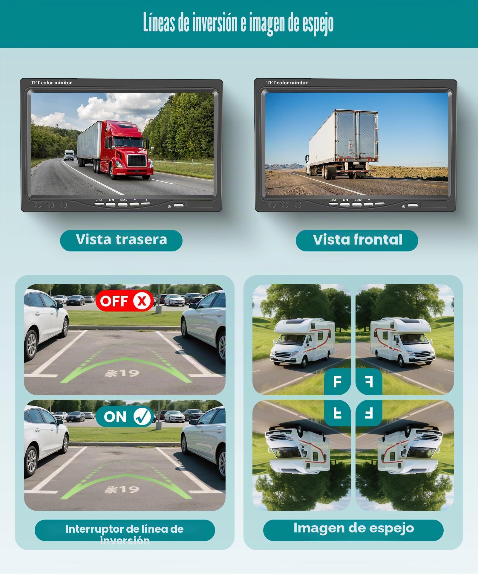 VECHTEL 2* Cámara de visión Trasera con Pantalla de 7 Pulgadas,Asistencia de estacionamiento,18 LED,visión Nocturna,Resistente al Agua IP68,para SUV,camión y Autocaravana,12-24 V,Cable de 10 m+15 m