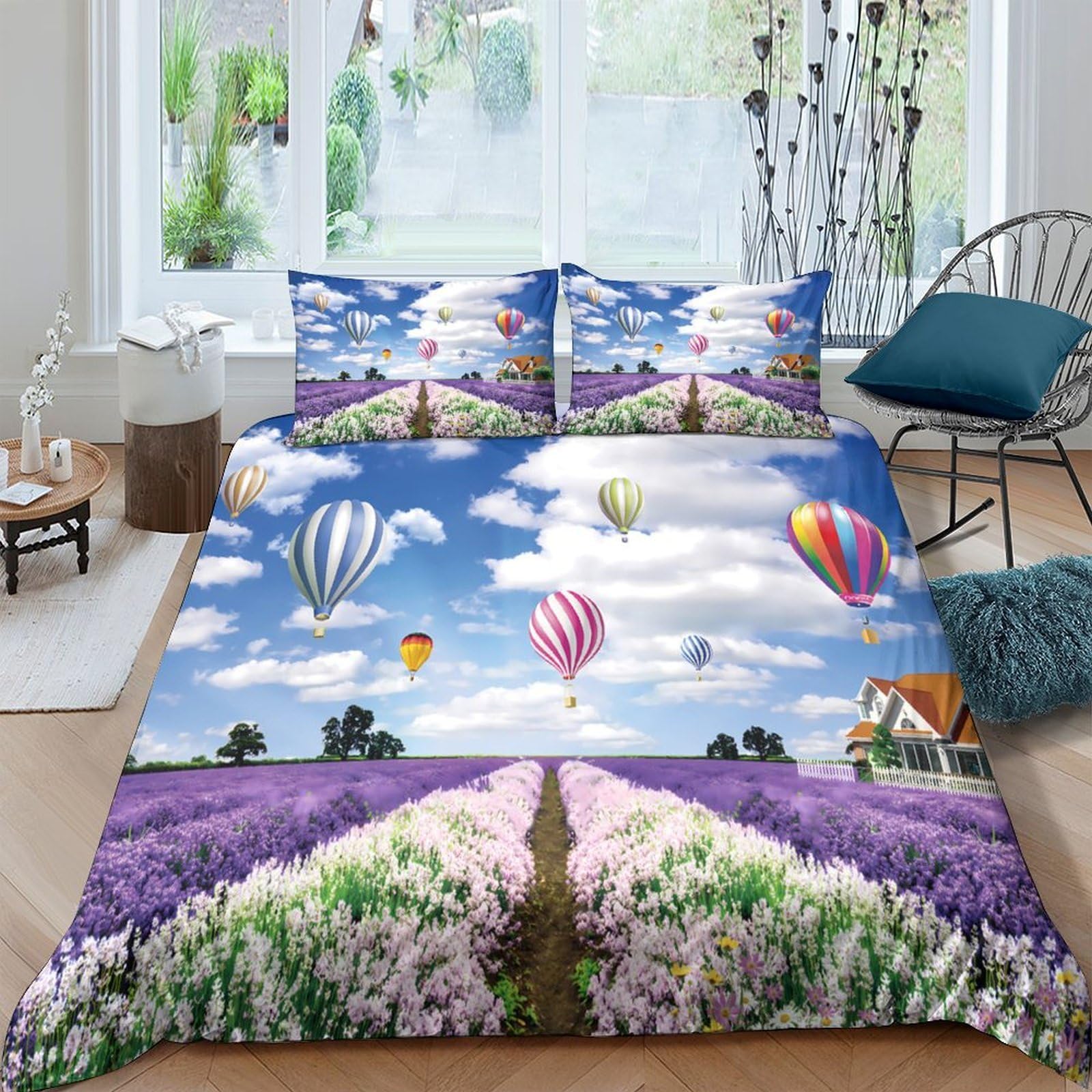 Ctjqhvkz Style-7 3D Printed Lavender Field Fitted Sheet Microfiber Hot Air Balloon Bed Cover Anti-Slip Easy Care Bedroom Decor Single（135X200cm）
