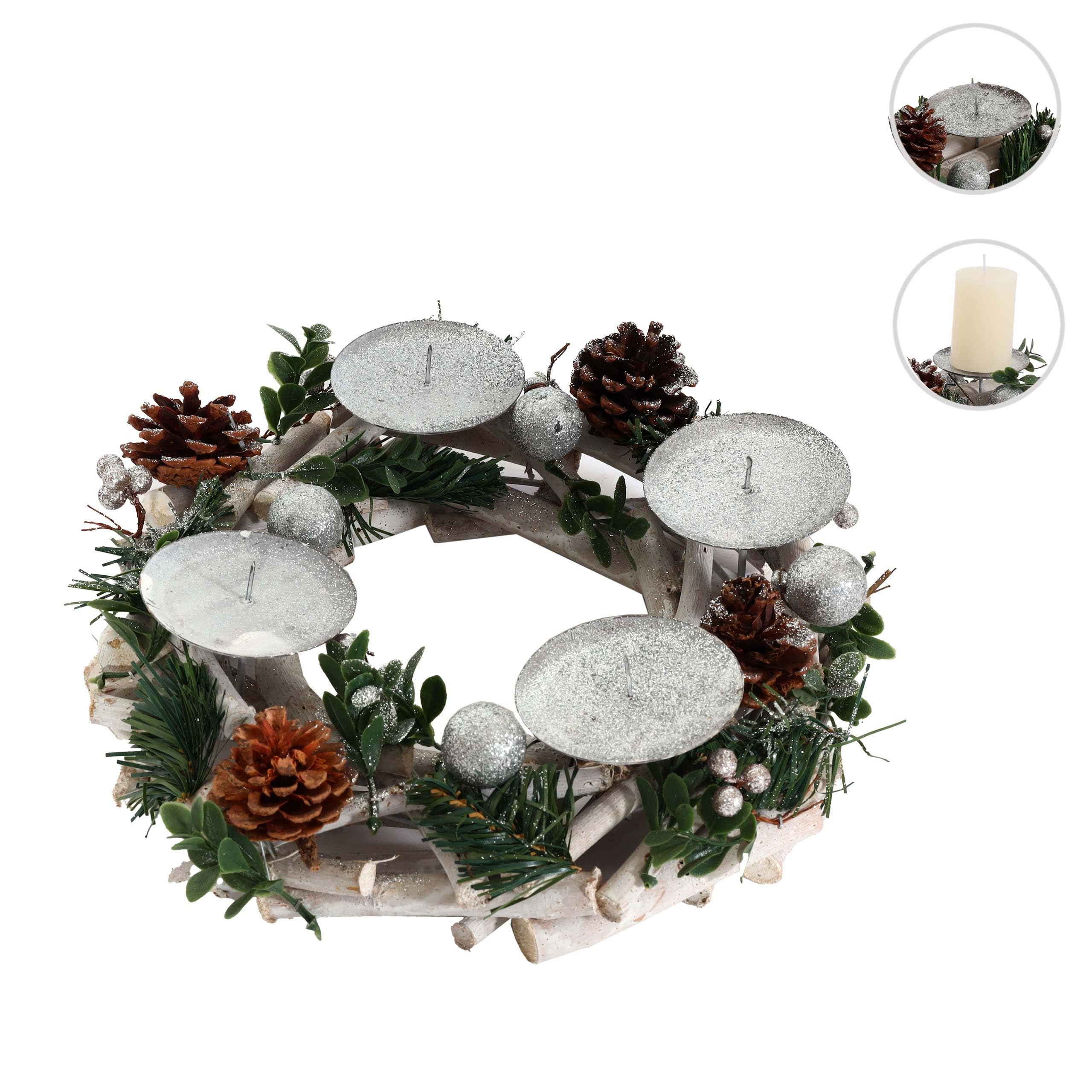 Couronne de l'Avent HWC-M12 Bois argenté Blanc Ø 30cm sans Bougies