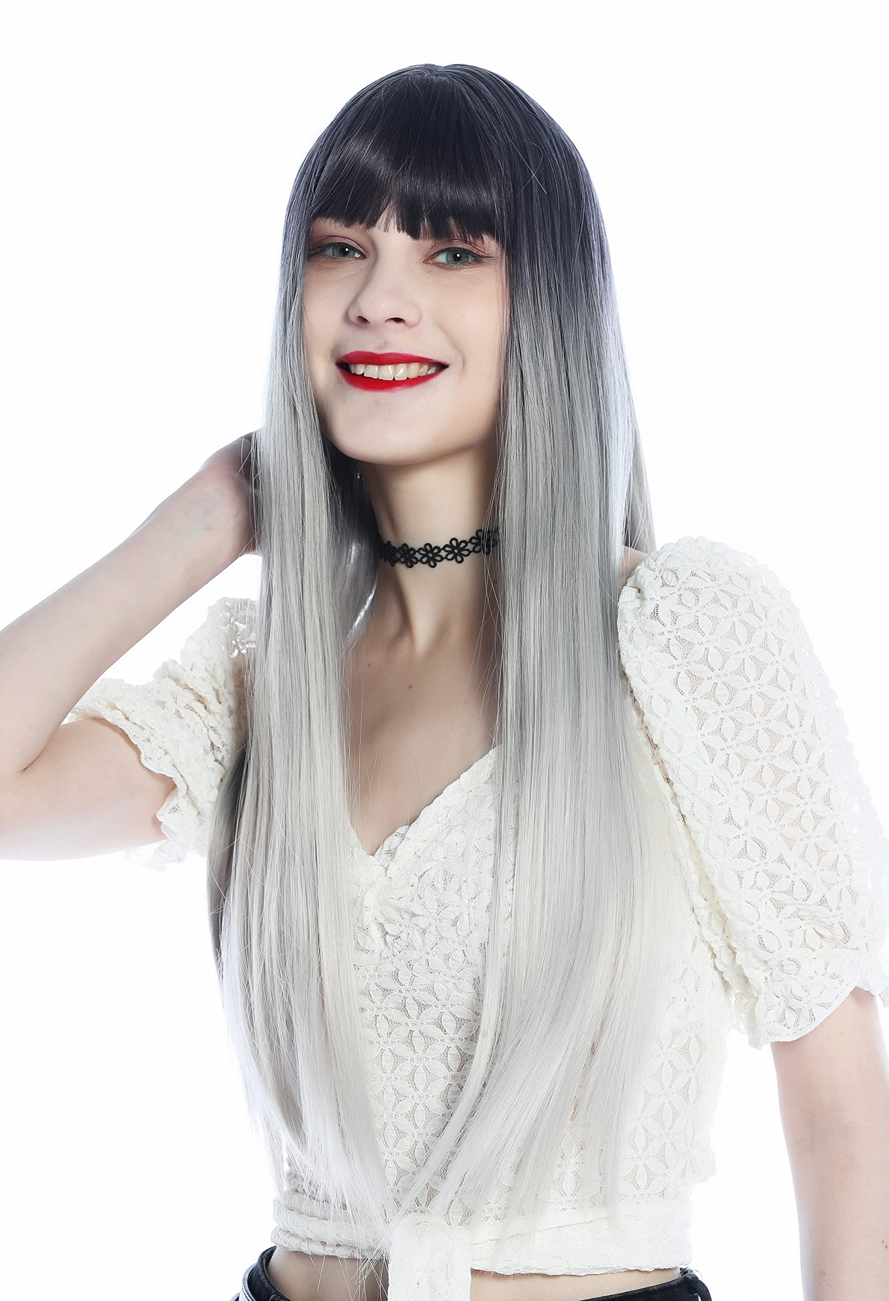 WIG ME UP, SZL0807B-T-001 Women's Wig long sleek straight bangs ombre black-ish purple to silvery blond