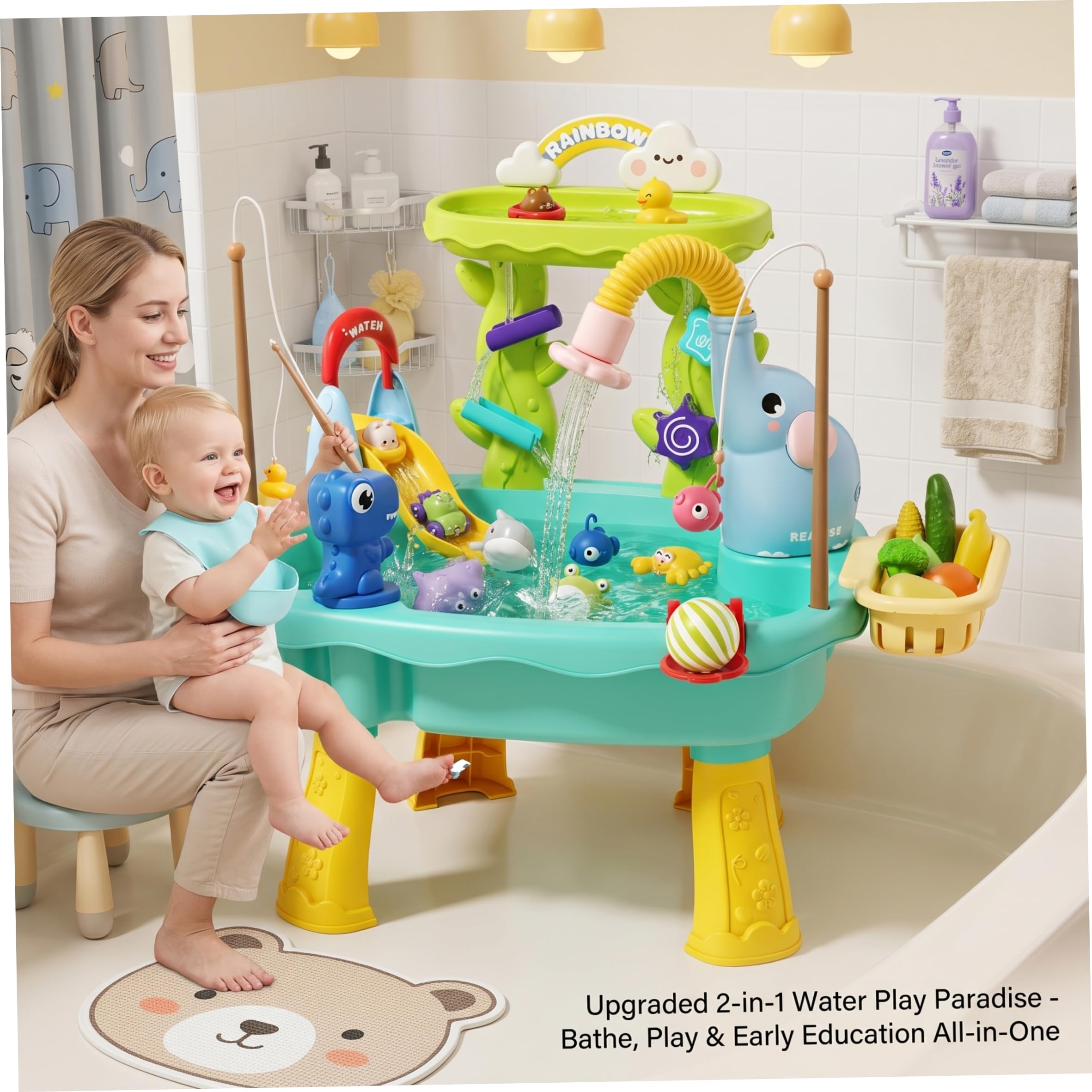 Mesa de Juegos Acuáticos, Bandejas de Agua 6 en 1 de 2 para Niños con Funciones de Circulación, Tobogán y Pesca Azul