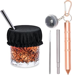 3-in-1 Reusable Metal Straw with Drink Cover & Glass Hammer for Car – Telescoping Stainless Steel Straws, Car Window Breaker, Drink Protector – Includes Case & Brush (Rose Gold)
