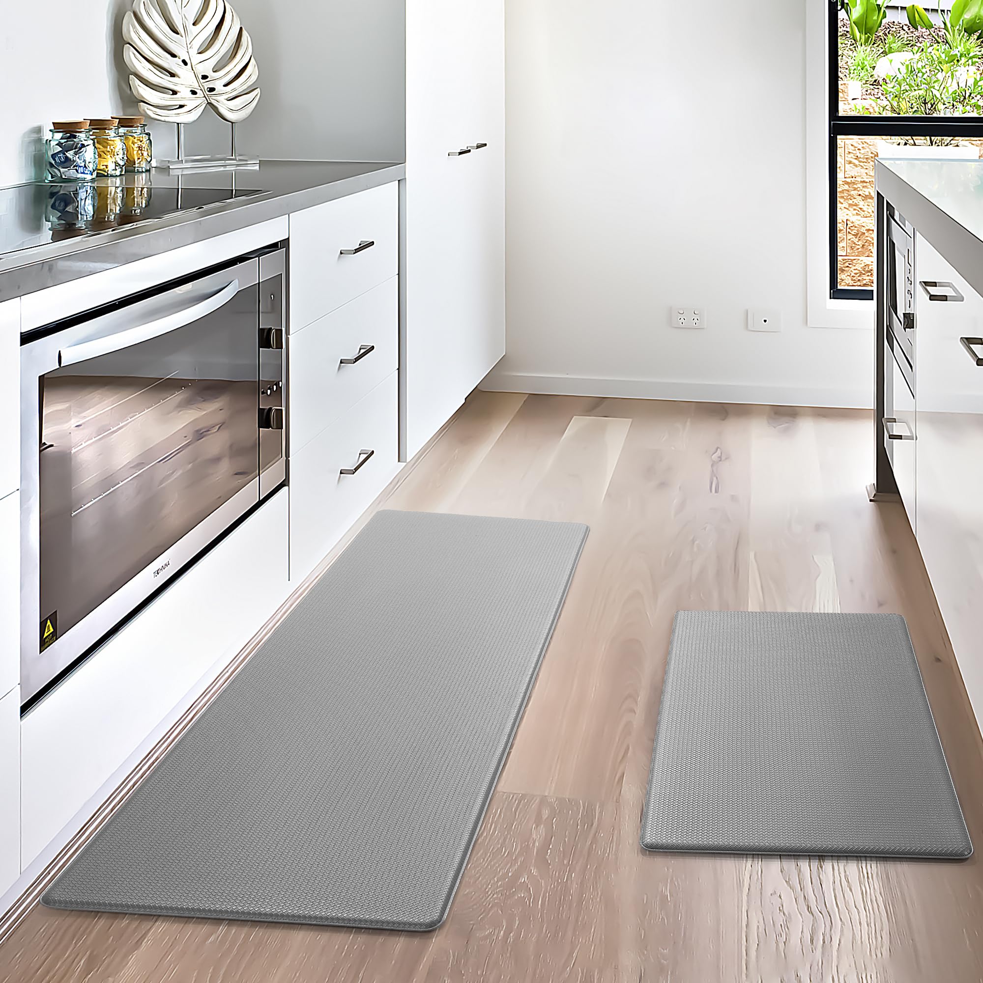houzia Alfombra Cocina Gris, Alfombra Vinilica Cocina Antifatiga, Antideslizante, Resistente al Aceite, y Lavable, Set de tapete 44 x 75 cm. y 44 x 120 cm