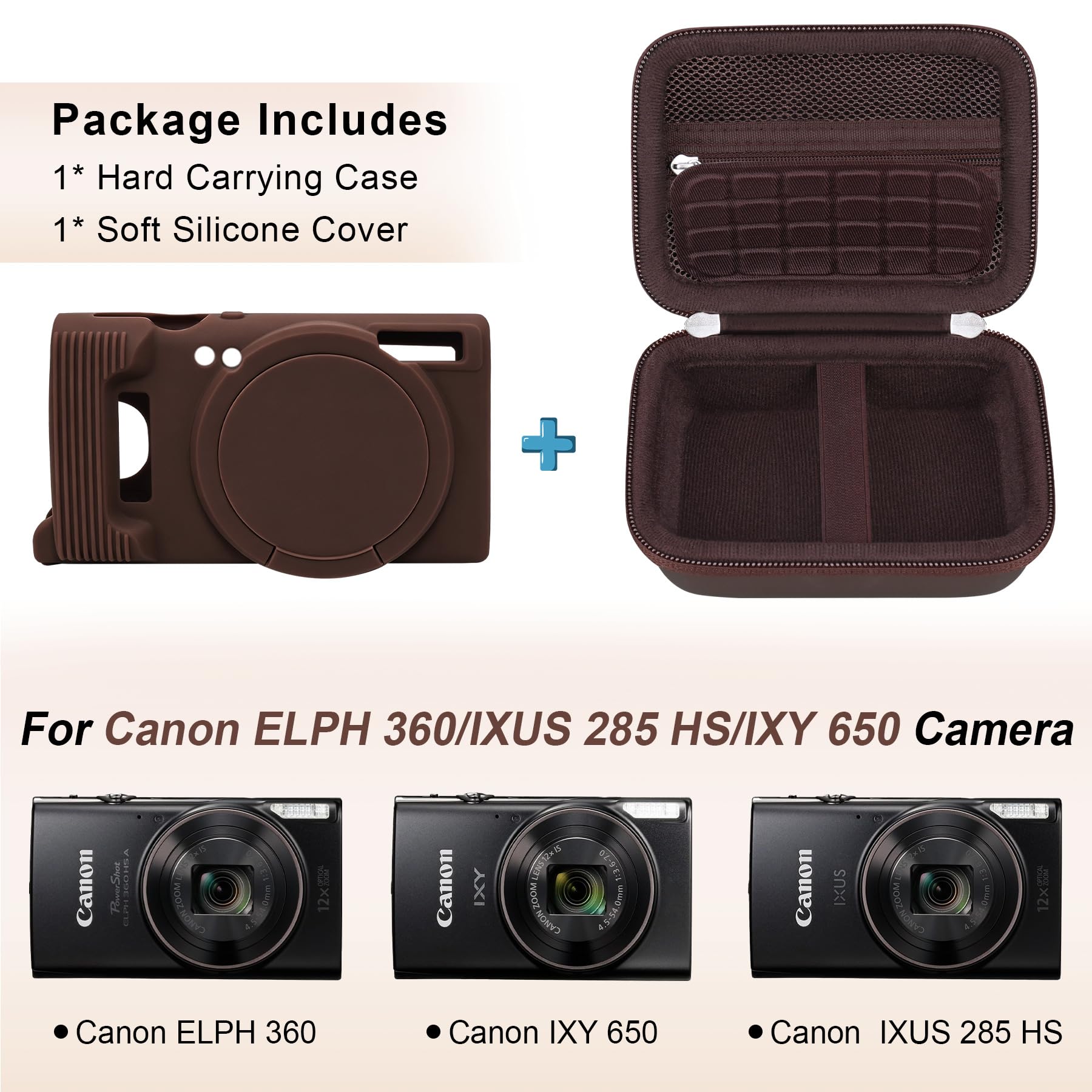 Canboc Custodia fotocamera digitale Canon PowerShot ELPH 360 / IXY 650 HS, custodia da trasporto rigida + copertura protettiva in silicone morbido con copertura lente rimovibile, marrone