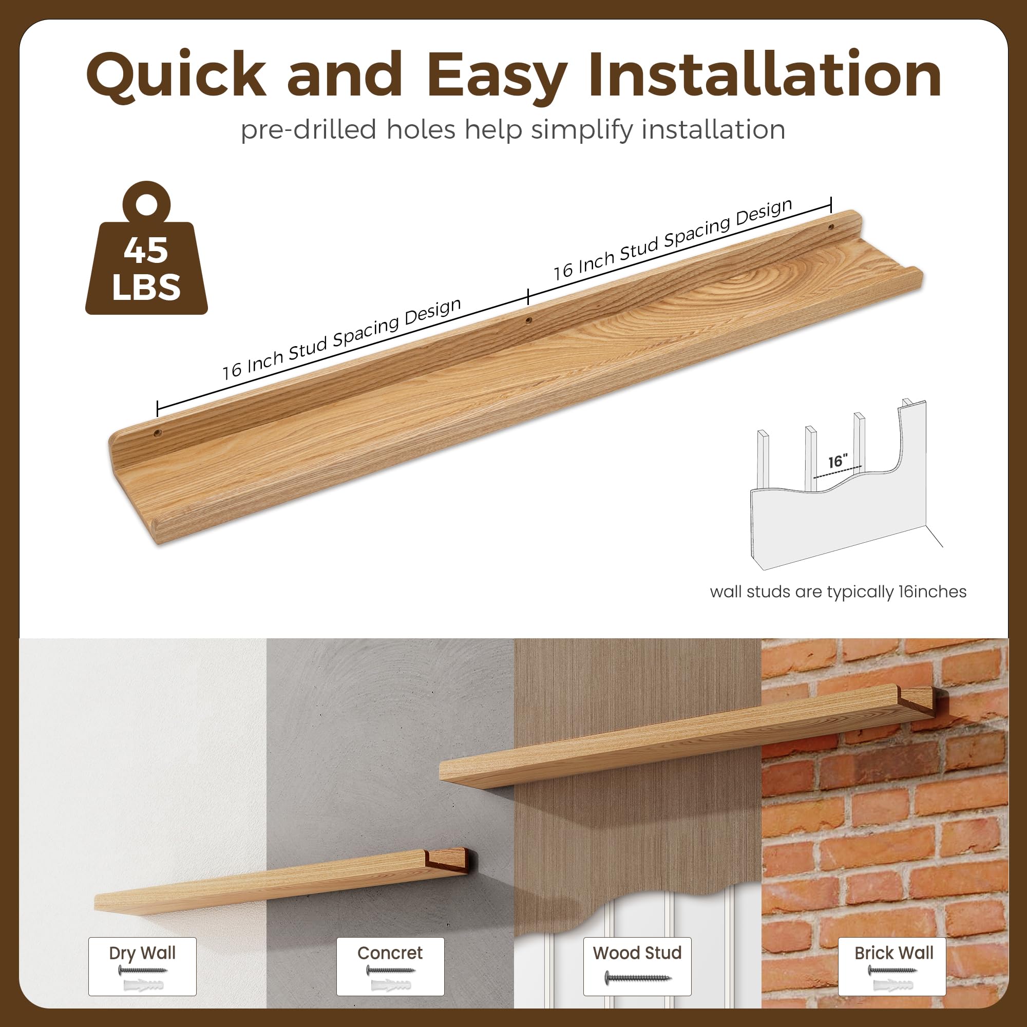 FLYJOE Estante para fotos, juego de 2 estantes flotantes de madera de fresno maciza, estantes flotantes de madera natural de 36 pulgadas con borde, estante largo para fotos para pared con repisa,