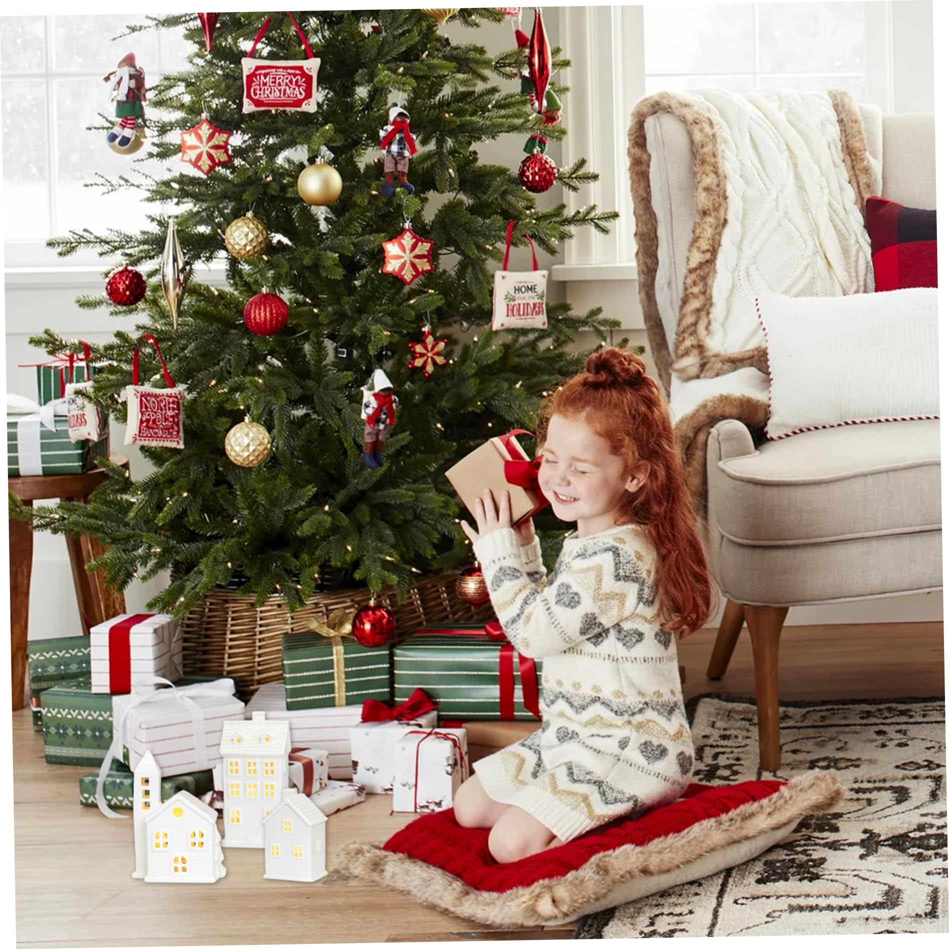 Figuras de Pueblo navideño, 3 Piezas, Conjuntos de Pueblo navideño, casa de cerámica Blanca, casa con luz LED de Porcelana para decoración, exhibición de Mesa para el hogar