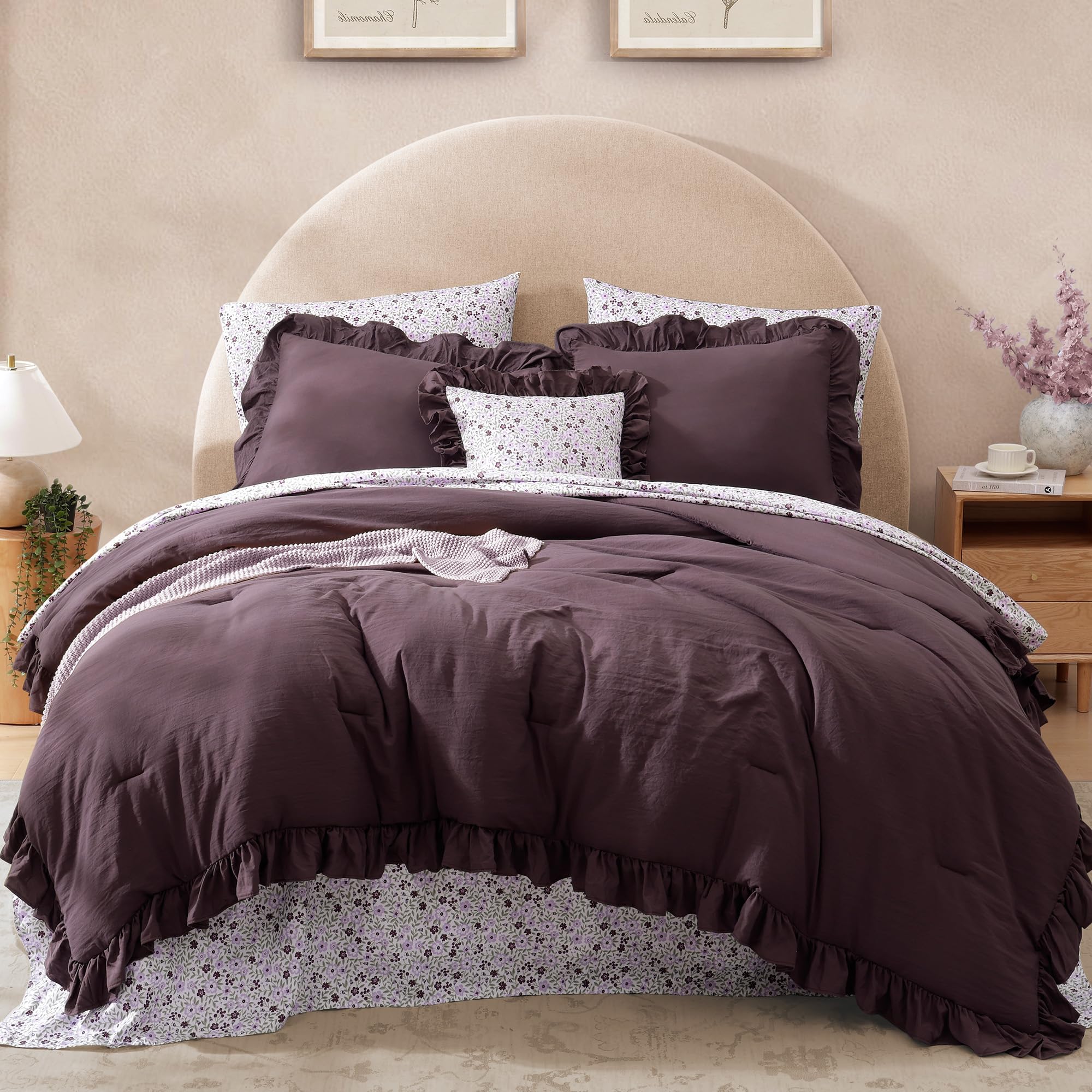 Photo 1 of BLOOMHAVEN Oversized Queen Comforter Set - 7 Pieces Ruffle Dark Purple Bedding Sets, Shabby Chic Farmhouse Bed in a Bag with Ruffle Comforter, Floral Sheets, Pillowcases & Shams