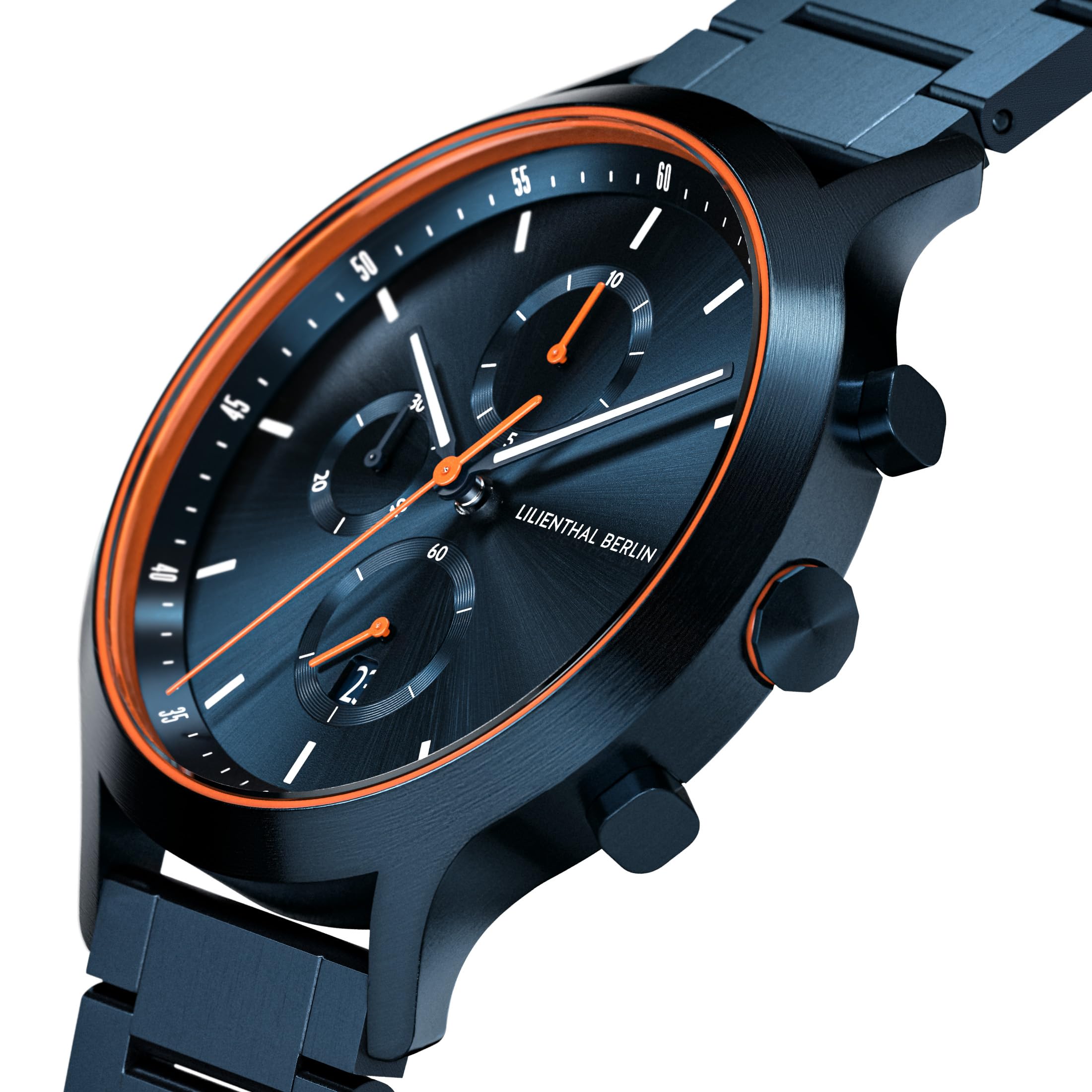 Lilienthal Berlin Chronograph Blue Orange IV in dunkelblau – Herrenuhr aus Chirurgenstahl mit einem Quarzuhrwerk & saphirgehärtetem Mineralglas – 42,5 mm