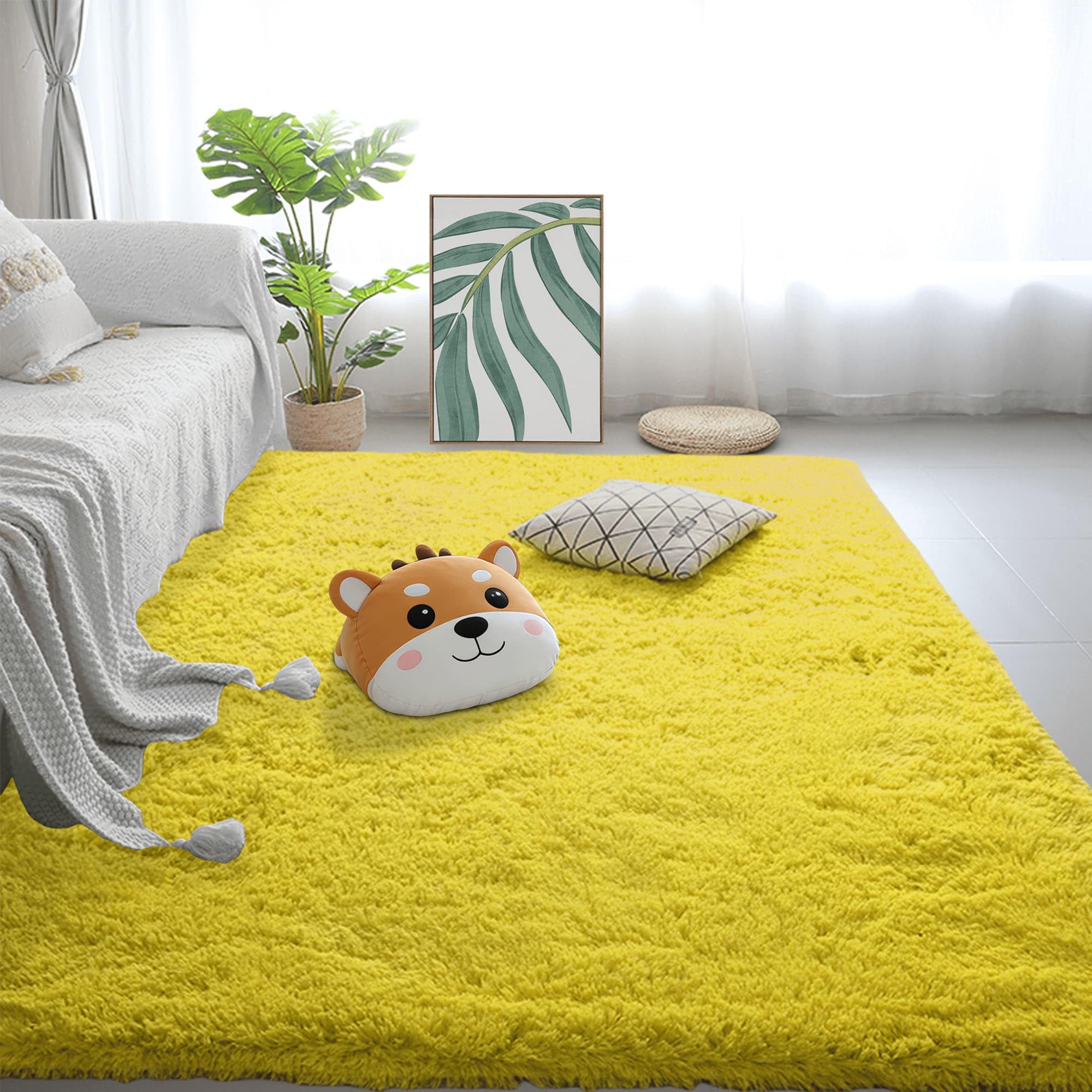 Grand tapis de salon 190x190 cm jaune shaggy carré à poils longs pour chambre
