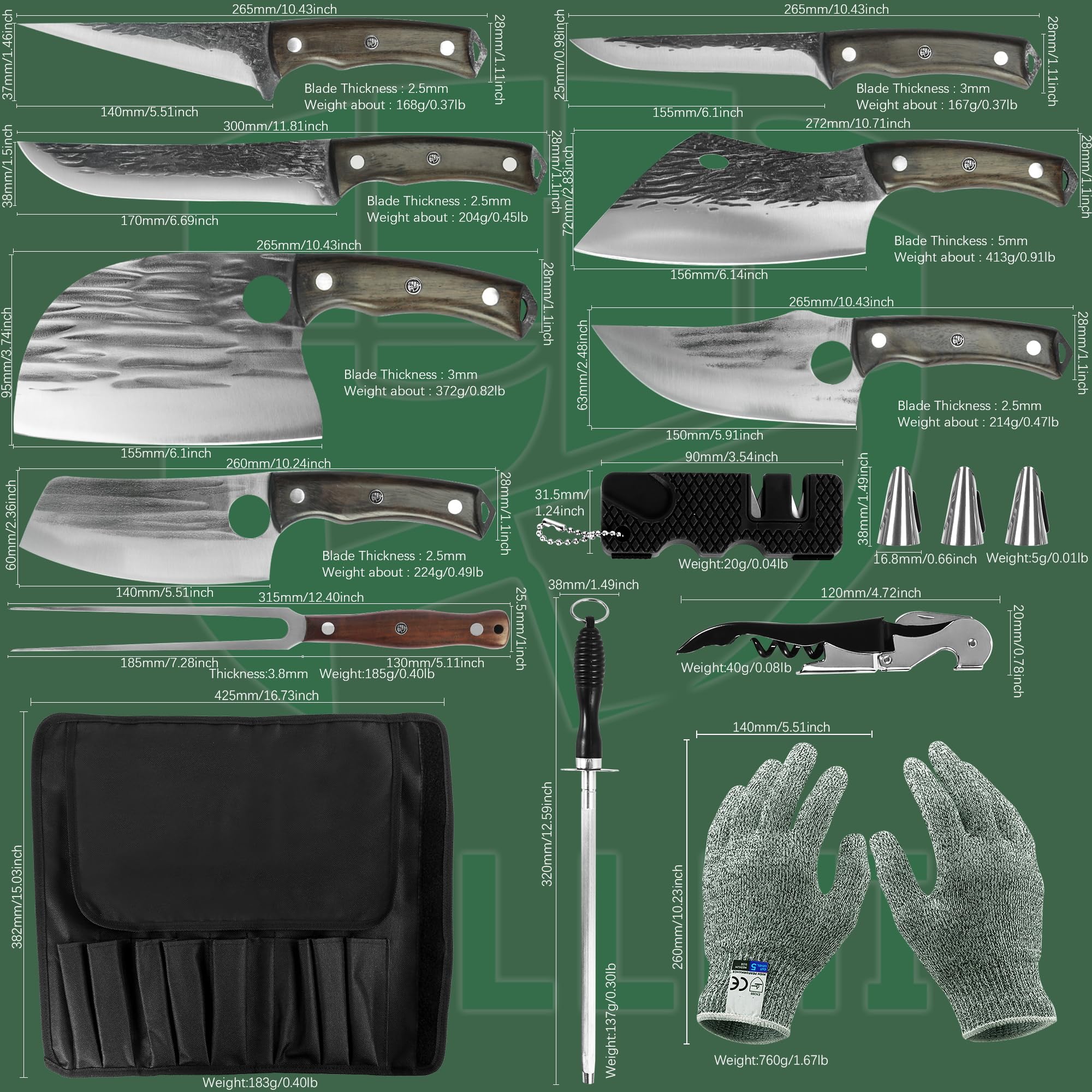 FULLHI Set di coltelli da macellaio include forchetta per carne coltello borsa Coltello da cucina in acciaio ad alto tenore di carbonio mannaia per barbecue(14 pezzi)