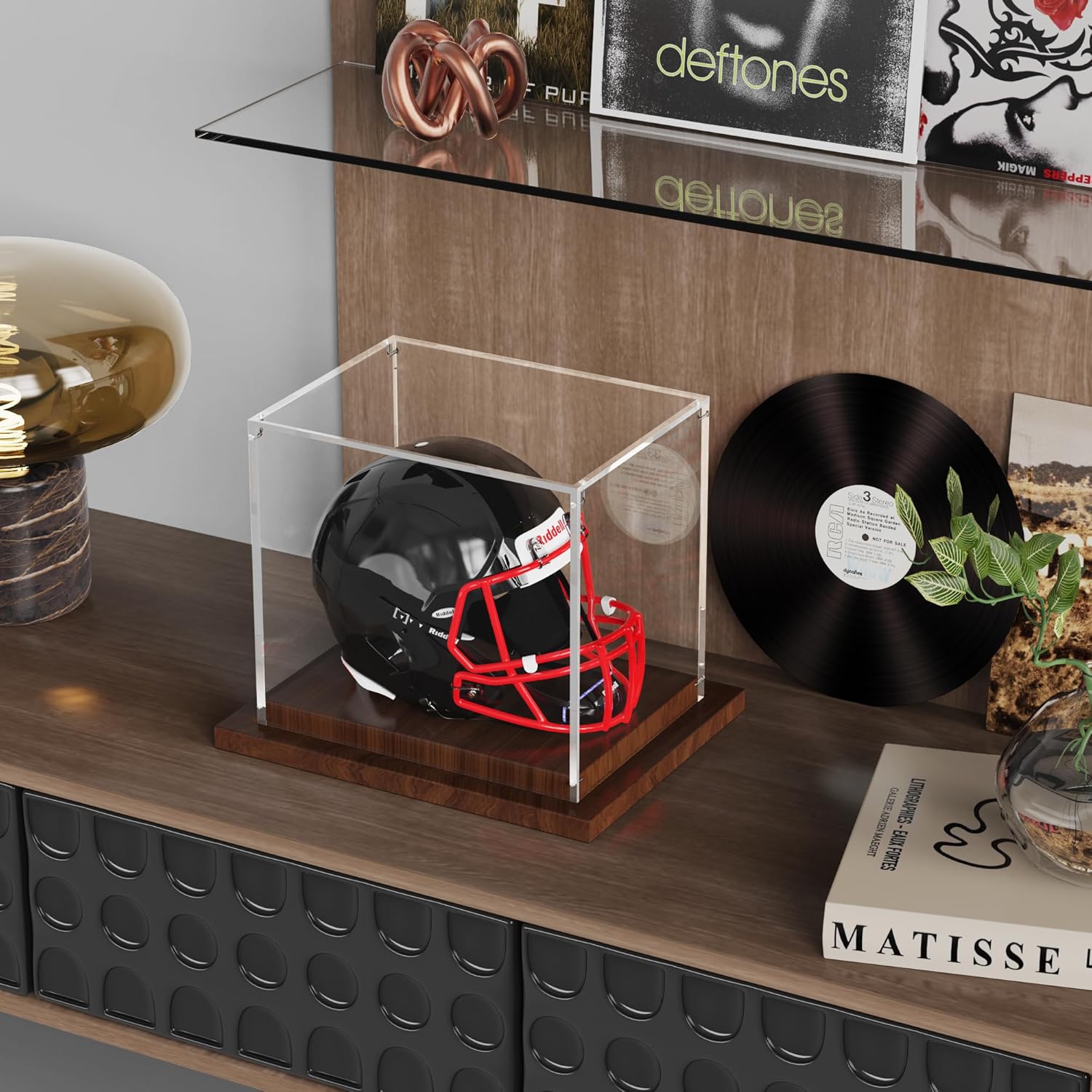 VGMiu Mini Helmet Display Case with Wood Base, Clear Acrylic Football Helmet Display Case Dustproof Box for Helmets, Sports Collectibles, Memorabilia Displays