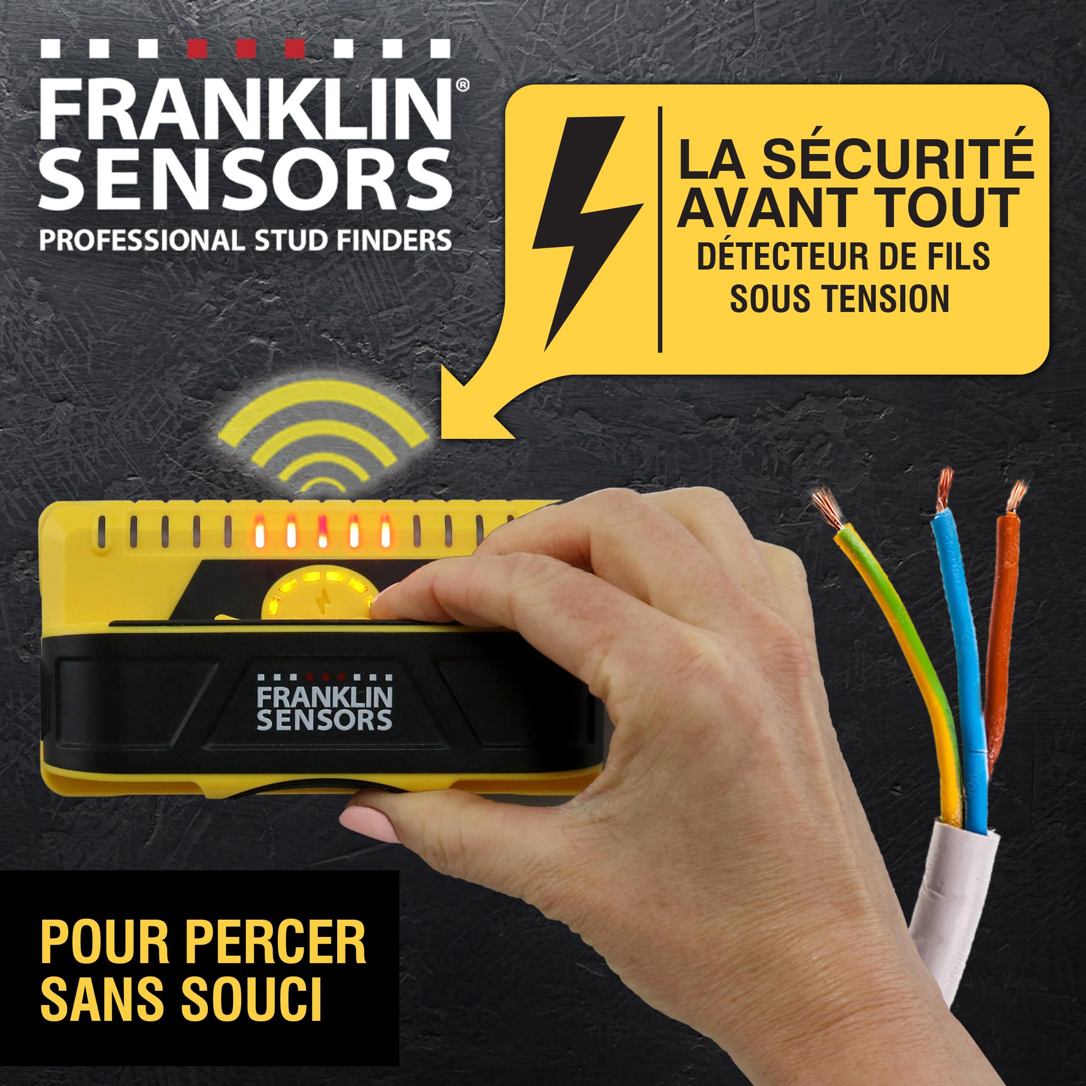 Franklin Sensors ProSensor M155/M150 Détecteur de Montants Professionnel 9 capteurs Précision Maximale Détecte Clous Bois Métal Jaune