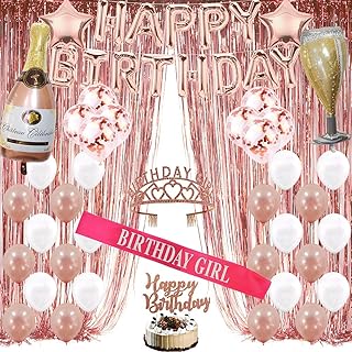 Rose Gold Birthday Decorations Party Supplies Backdrop for Girls and Women include Happy Birthday Balloons,Birthday Tiara for 13th 18th 21st 25th 30th 40th 45th 50th 60th 70th 80th (ANY AGE)