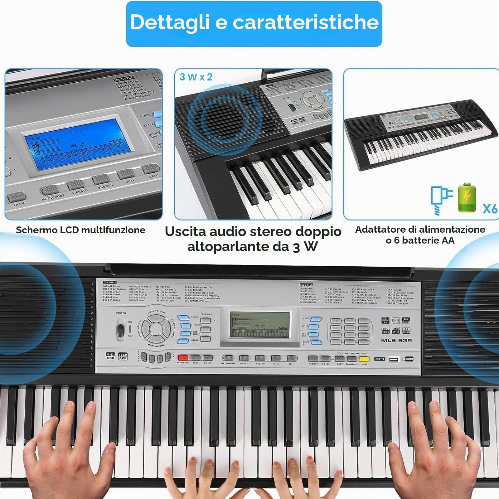 MAMIZO 61 Tasti Tastiera Pianoforte Digitale, Pianoforte Keyboard Elettrico per Principianti, Pianola Tastiera per Bambini, 500 Suoni e Modalità di Insegnamento a 3 Livelli, Leggio, MP3/USB MIDI
