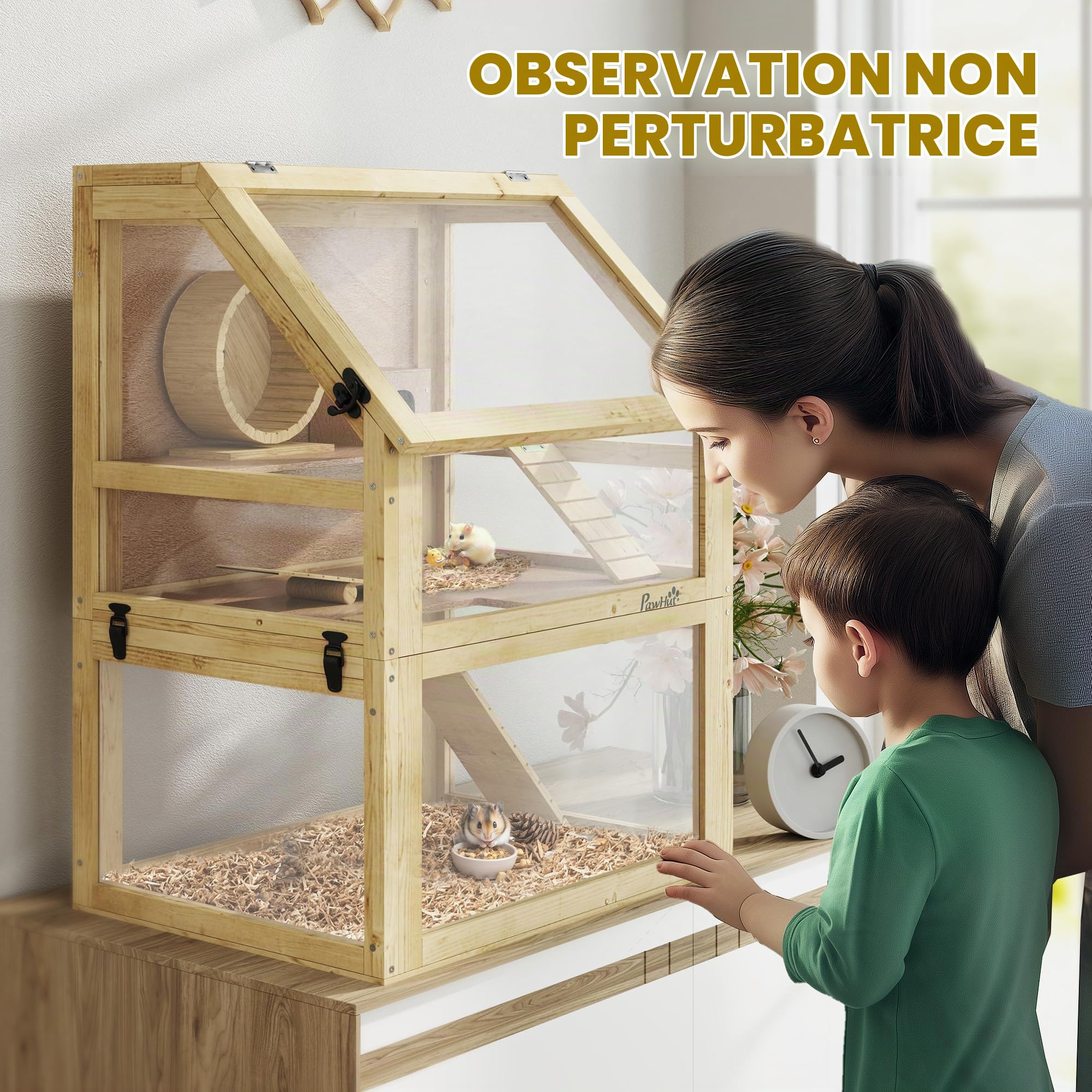 PawHut Cage à hamster en bois 3 étages finition bois naturel | Gerbil Cage amovible de 32 cm de profondeur, cabane, balançoire, roue d'exercice, rampes