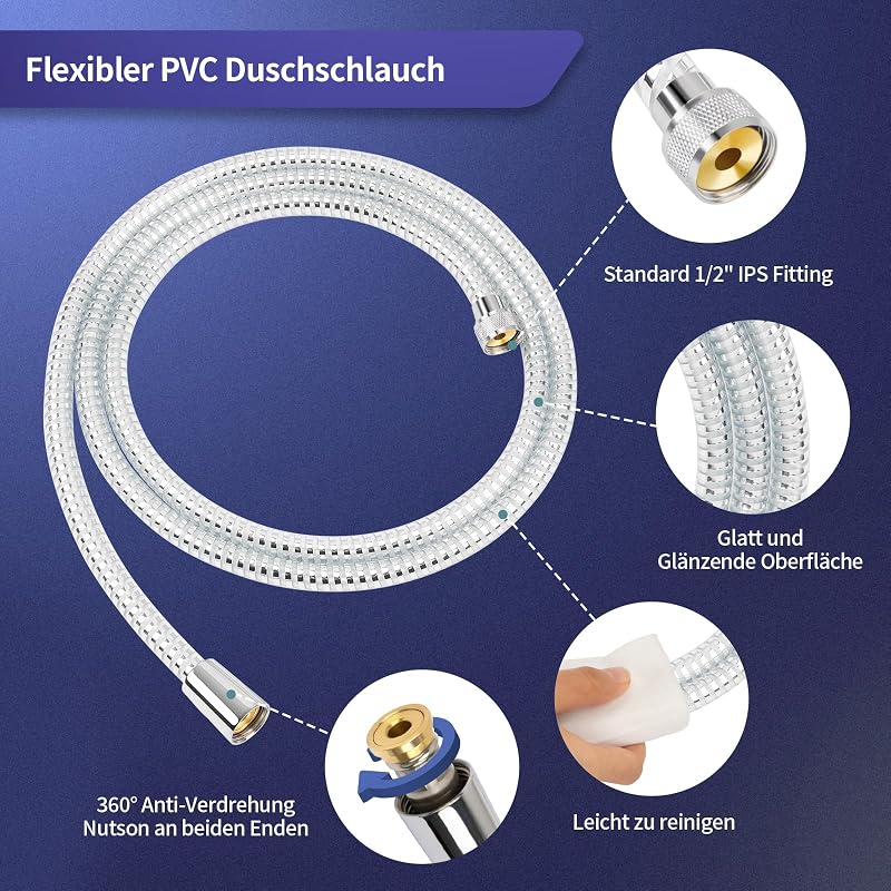 FEVONE 1,5m Átlátszó Zuhanytömlő Ezüst Fóliával - PVC Zuhanycső Sárgaréz Csatlakozókkal, Univerzális 1/2" Csatlakozás, Csavarodásmentes