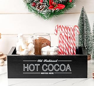 Rmeosye Hot Cocoa Bar Wood Storage Box Christmas Decorations Wooden Organizer Bins Tray Decorative Open Holder Box Decor for Xmas Home Kitchen Office Farmhouse Gift Holiday Party Supplies (Black)