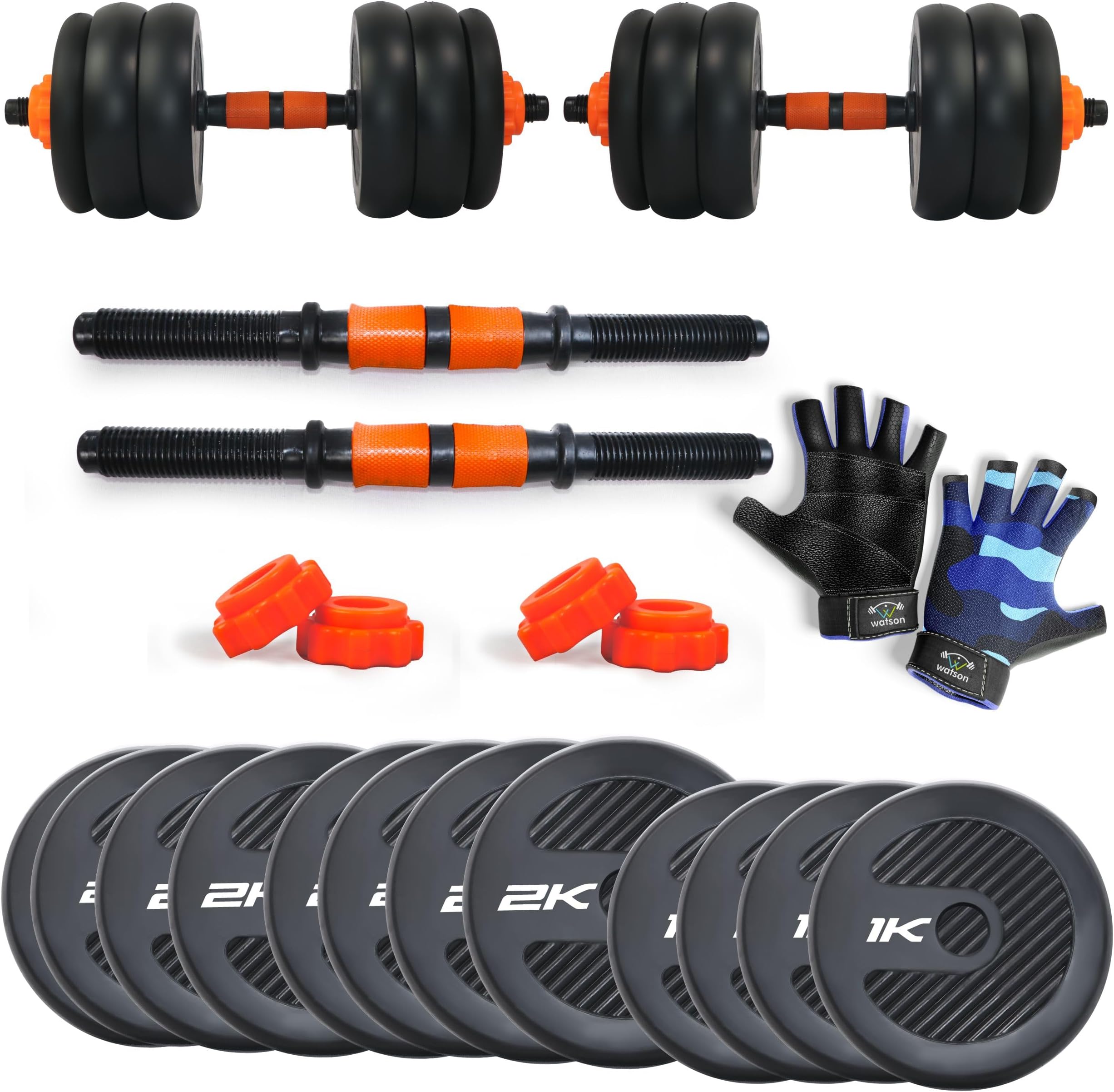 WATSON Premium Rubber Dumbbell Set for Men & Women Fitness, Dumbbell Set with 20Kg (1Kgx4, 2Kgx8) Rubber Weight Plates, Hard PVC 17" Dumbbell Rods& Gym Gloves