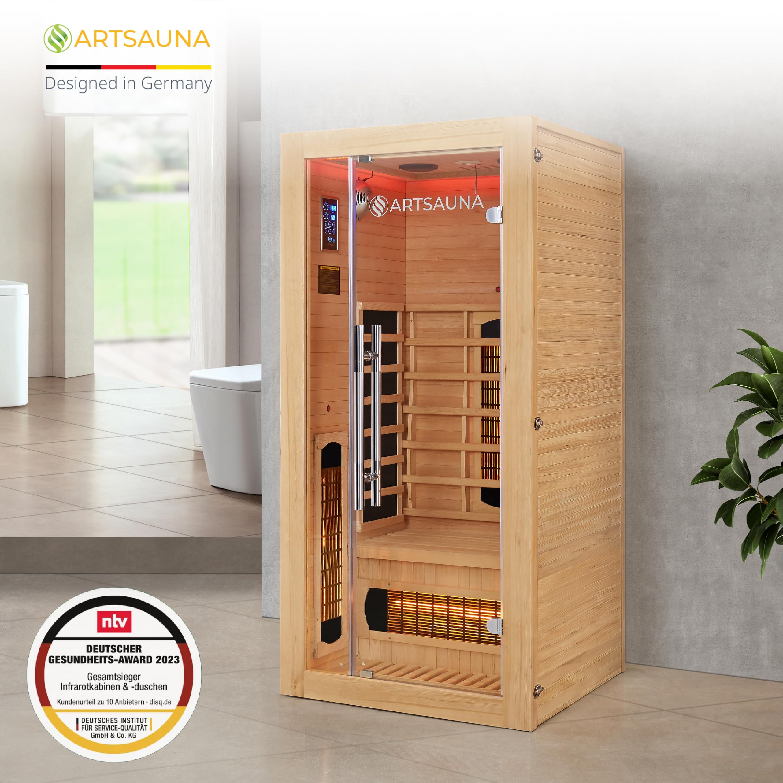 Artsauna Infrarotkabine Kiruna90 mit 4 Vollspektrum- & 3 Flächenstrahler, 1 Person, 90 x 90 x 190 cm, LED Farblicht & Glastür, Infrarotsauna Sauna