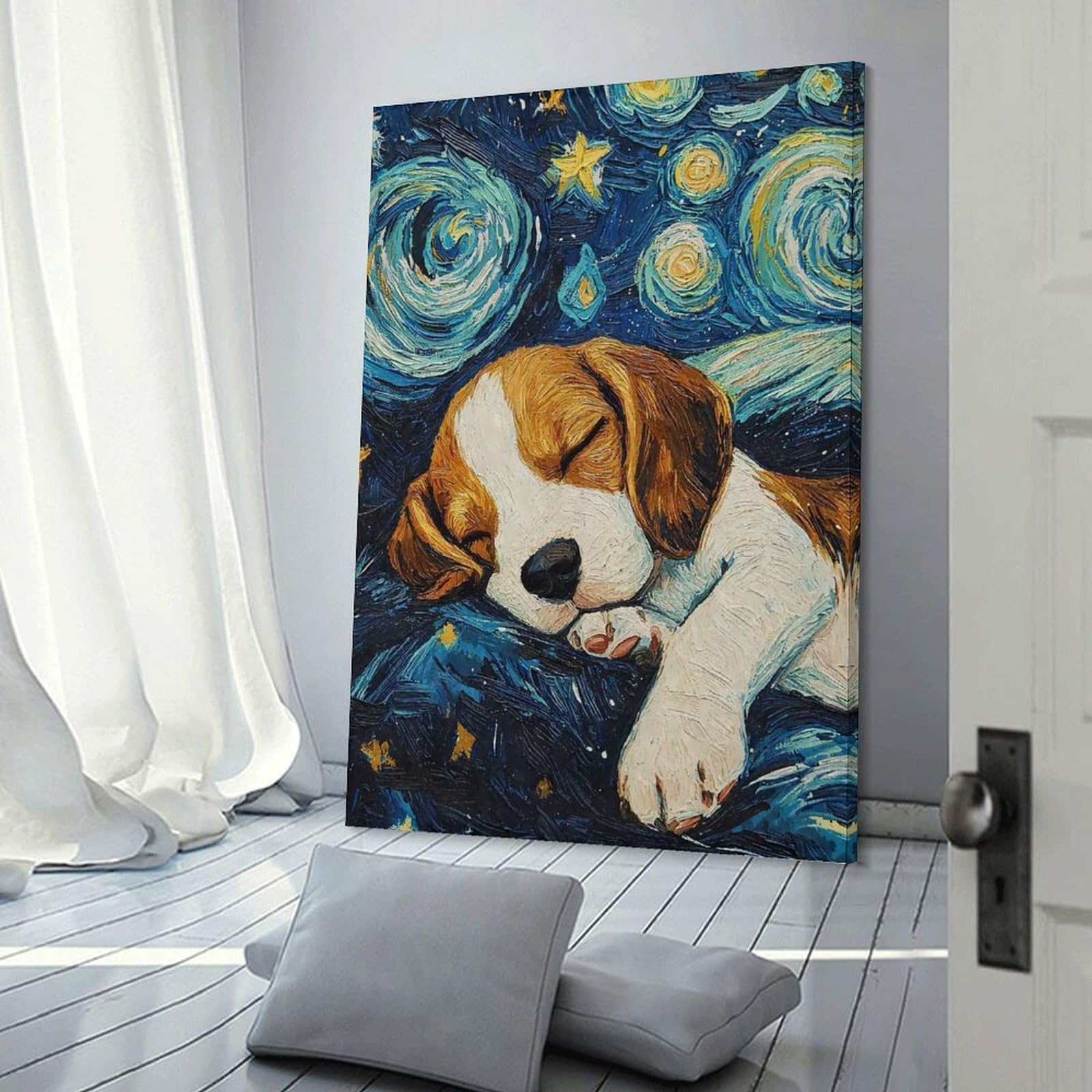 Junmoney Frame-Style-18 Decorative Wall Artwork Beagle Puppy Starry Night, 16X24inch(40X60cm), For New Homes, Bedrooms Or Workspaces, Canvas Artwork With Gifting Potential
