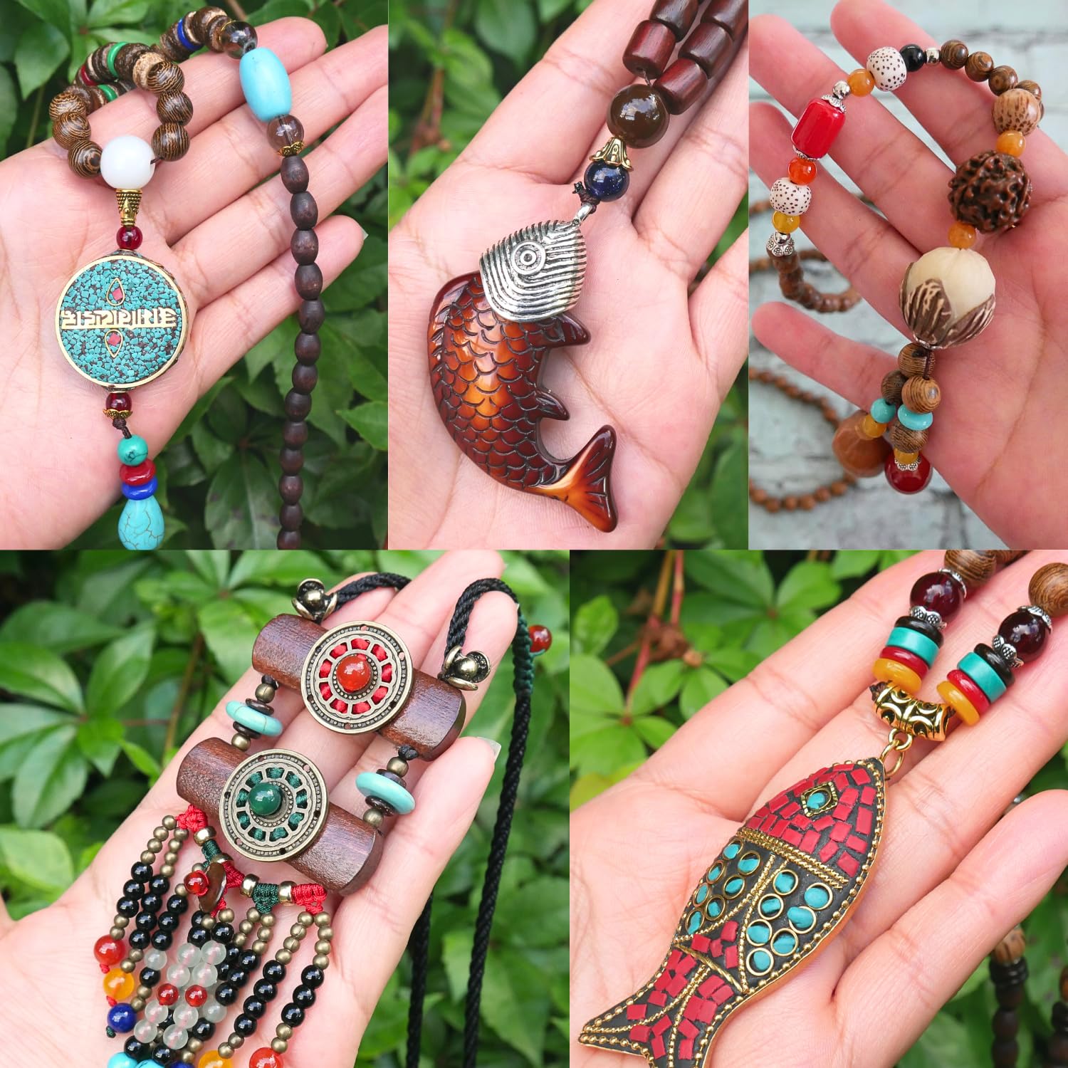 Collares de cuentas bohemias para mujer, colgante largo, cuentas de madera de piedra, hecho a mano, collar de madera para mujer, joyería bohemia, Madera, Cuentas