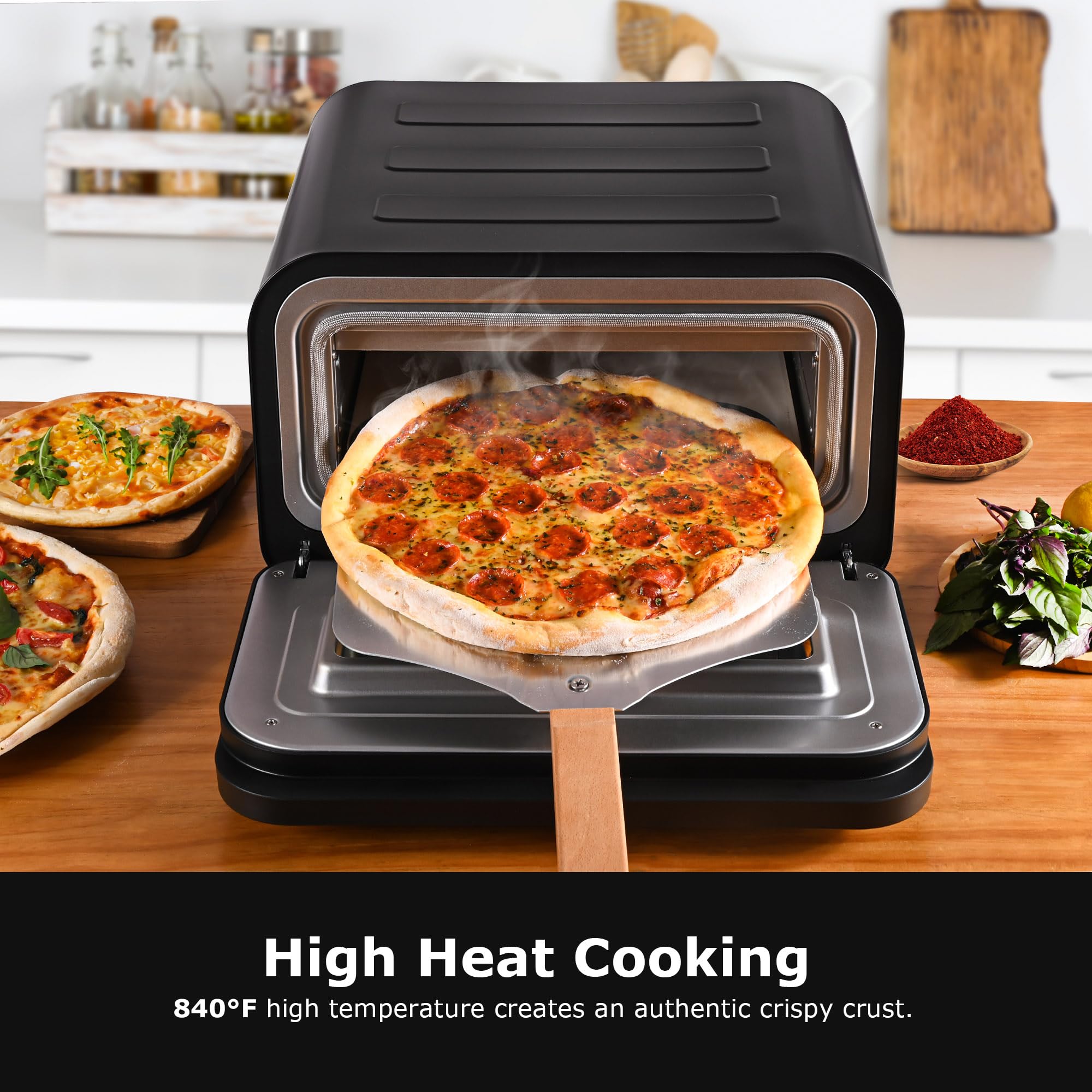 Pizza Oven Indoor, Makes 12 Inch Pizzas in 90 Seconds, 840°F Countertop Electric Pizza Maker with 6 Preset Modes, Pizza Stone, Peel & Touchscreen Controls - Stainless Steel - Detailed View