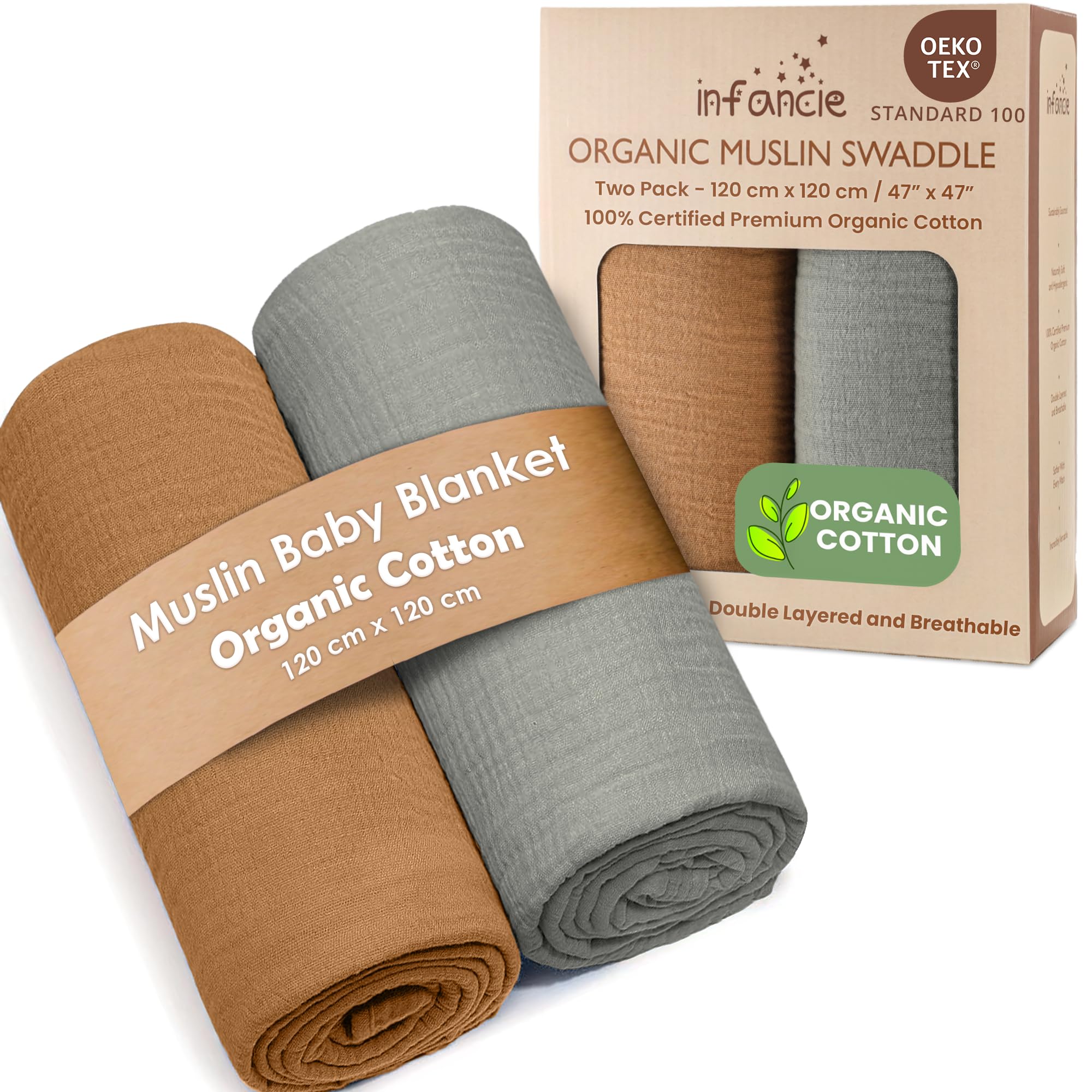 infancie Organic Cotton Baby Muslin Blanket - Breathable, Large 120x120 cm for baby swaddle blanket Hypoallergenic Muslin Baby Blankets, Versatile, Double layer (Gold/Sage)