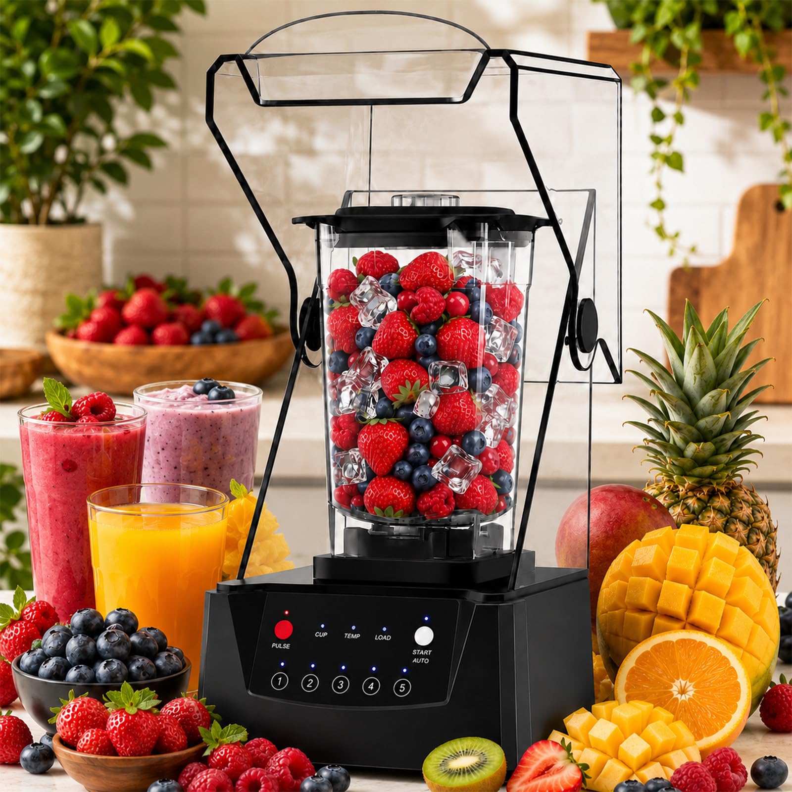 Batidora Comercial para Batidos, 2200W, 2L, 5 Modos, con Cubierta | Procesa Recetas Diarias con una Batidora Profesional para Smoothies, Batidos, Zumos, Salsas, Purés y Postres en Cafés y Bares