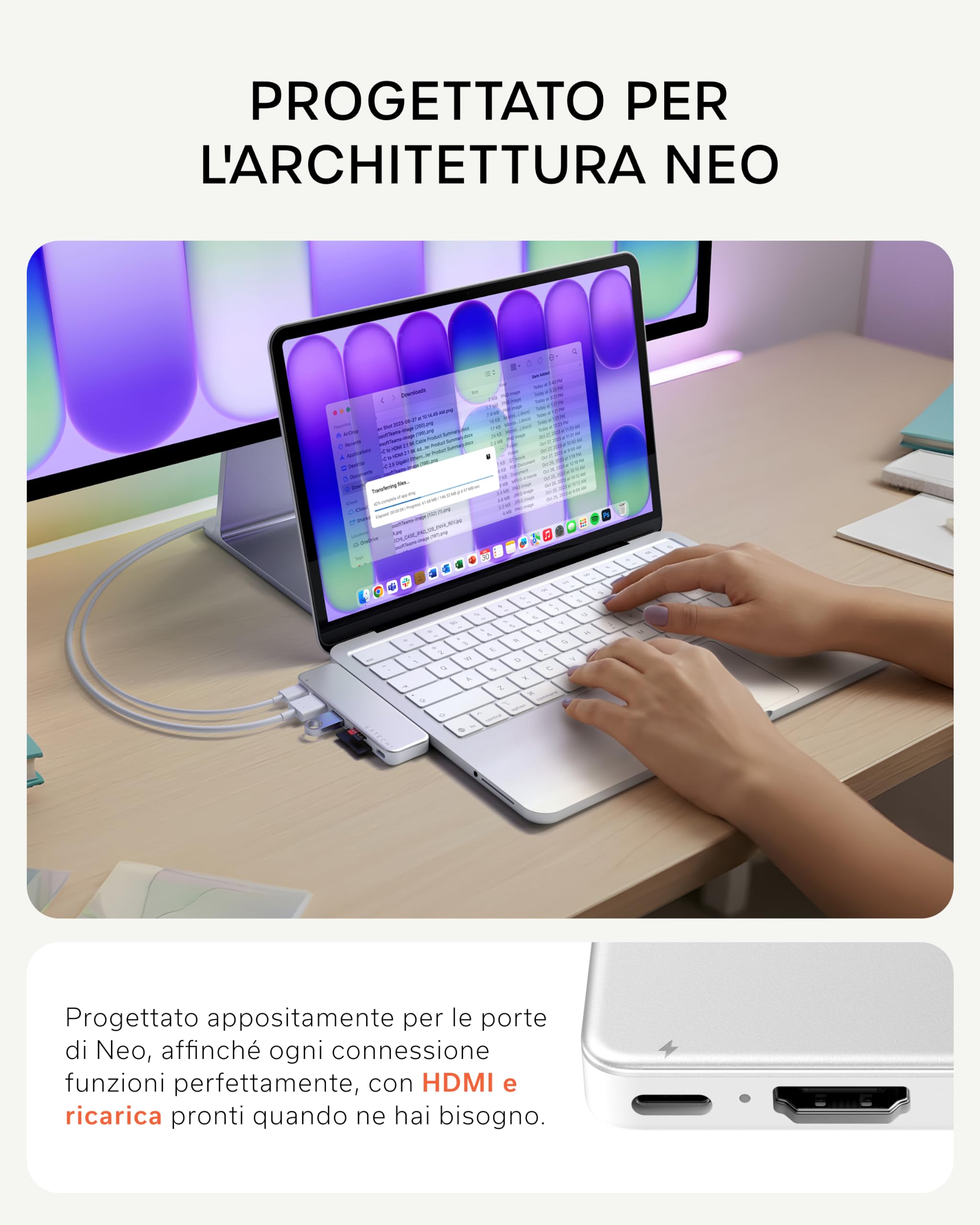 SATECHI Snap Hub USB C 6 in 2 per MacBook Neo, Ricarica 45W, Argento | Progettato per MacBook Neo con doppio connettore integrato, 4K@60Hz, lettori SD/microSD, USB-A e USB-C 5Gbps