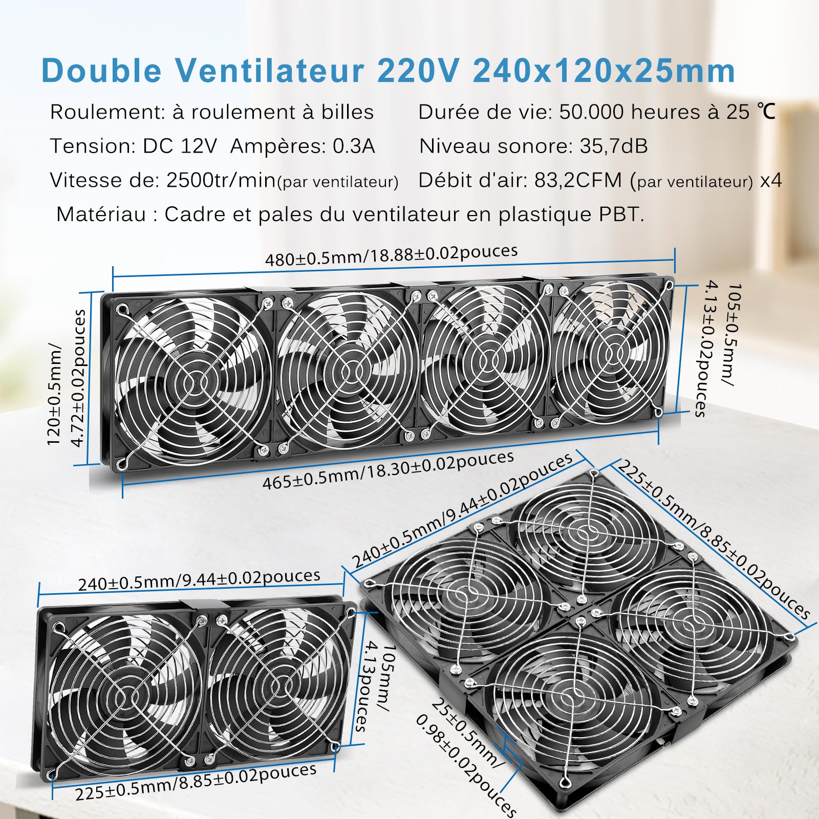 GDSTIME 4 x Lüfter, 120 mm, 220 V, Gehäuselüfter, 120 x 120, Kugellager, mit 4 V-12 V, einstellbar, Geschwindigkeitsregler mit hohem Luftdurchsatz für Serverkühlung, Konverter, Möbel