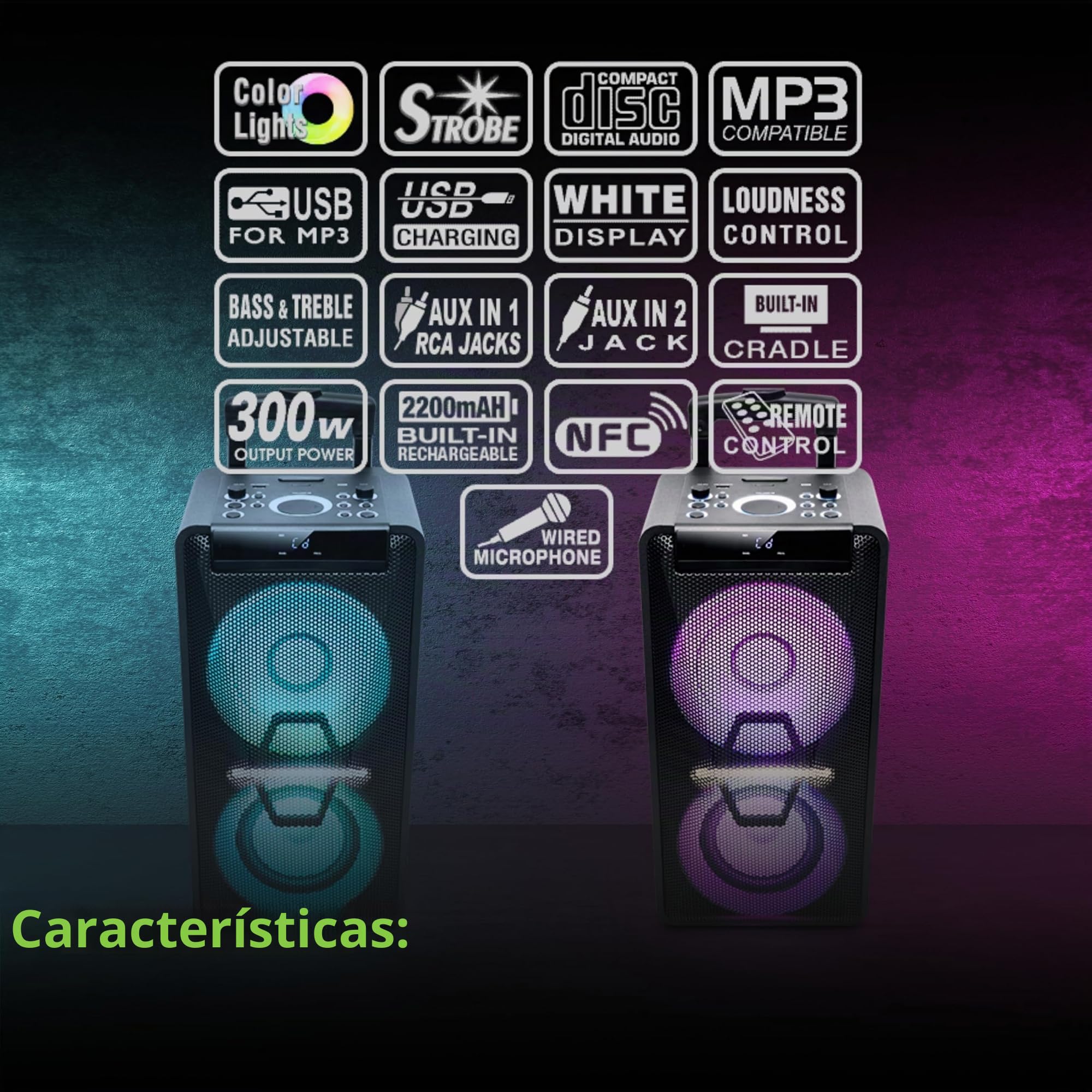 Muse M1920DJ Equipo PA con batería de 300 W con CD, Bluetooth y Efectos de luz (USB, AUX, micrófono, Mando a Distancia), Color Negro