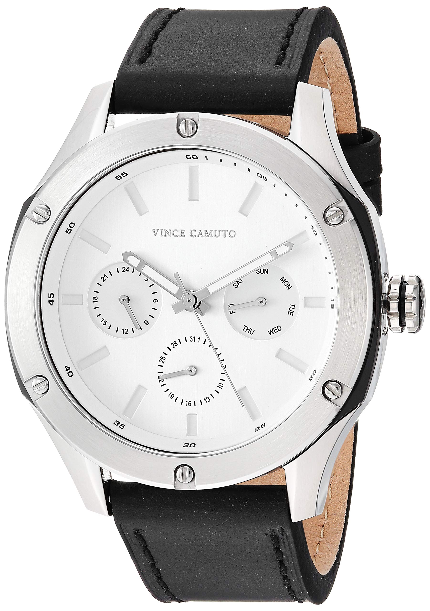 Vince Camuto Men's VC/1107WTTB Multi-Function Silver-Tone and Black Leather Strap Watch
