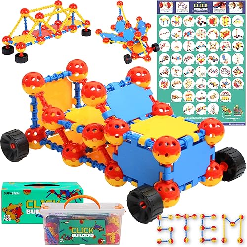 SUPA STEM Click Builders - Juguetes de construcción para niños 160 piezas de juguetes de construcción para niños de 3 a 5, 6, 7 años y bloques de