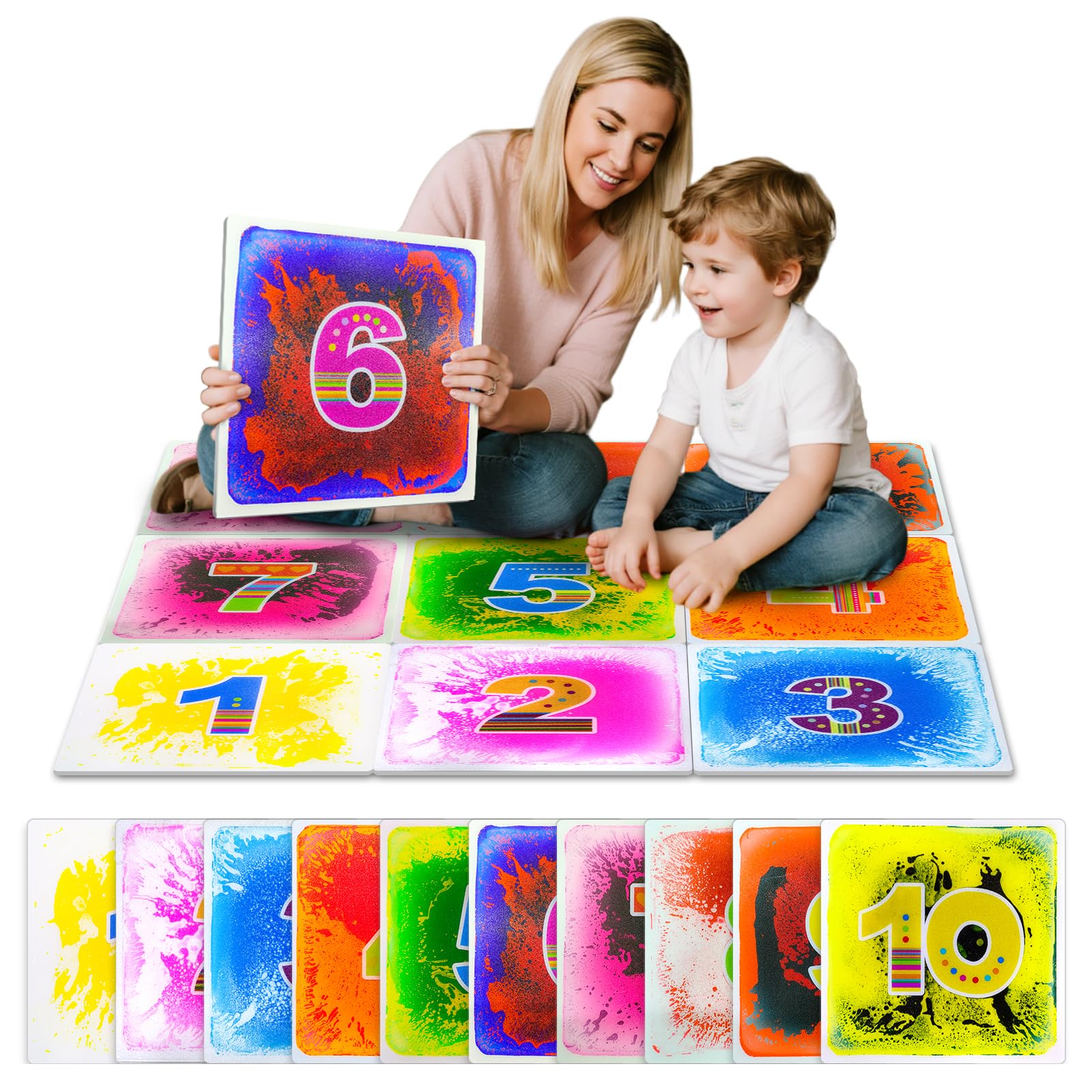 JUEOQOY Sensory Floor Tiles for Preschool: 12" Liquid Number Mats, 10 Pack