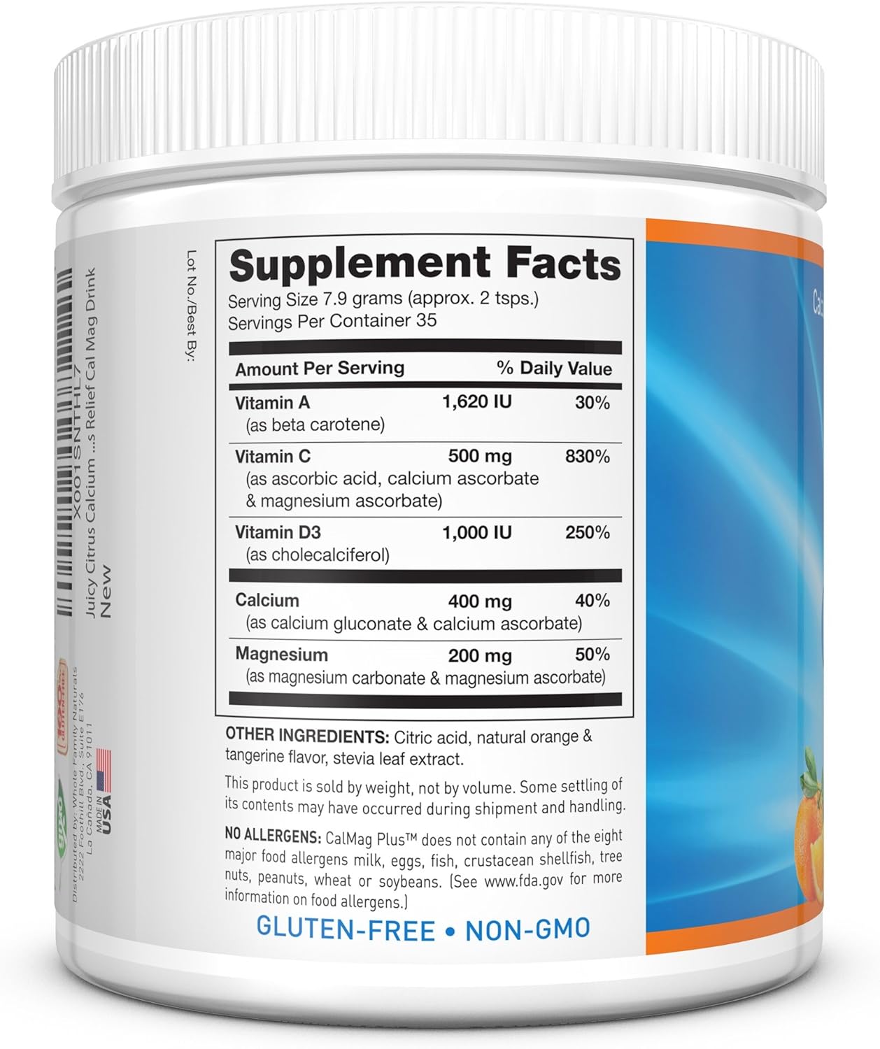 Calcium Magnesium Powder Supplement - CalMag Plus with Vitamin C & D3 - Gluten Free, Non GMO, Orange Tangerine Flavor - Cal Mag Drink - Calcium Supplement with Magnesium for Natural Calm