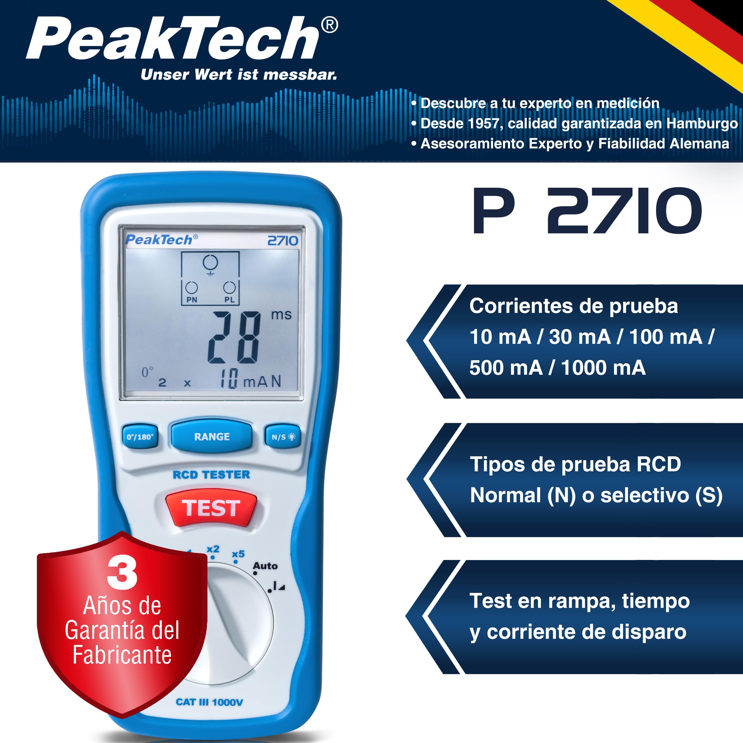 PeakTech 2710 – Probador digital de FI con pantalla LCD grande, disyuntor de corriente residual, cuchilla RCD, carcasa con doble aislamiento, voltaje de funcionamiento 230V / 50Hz - CAT III 600 V