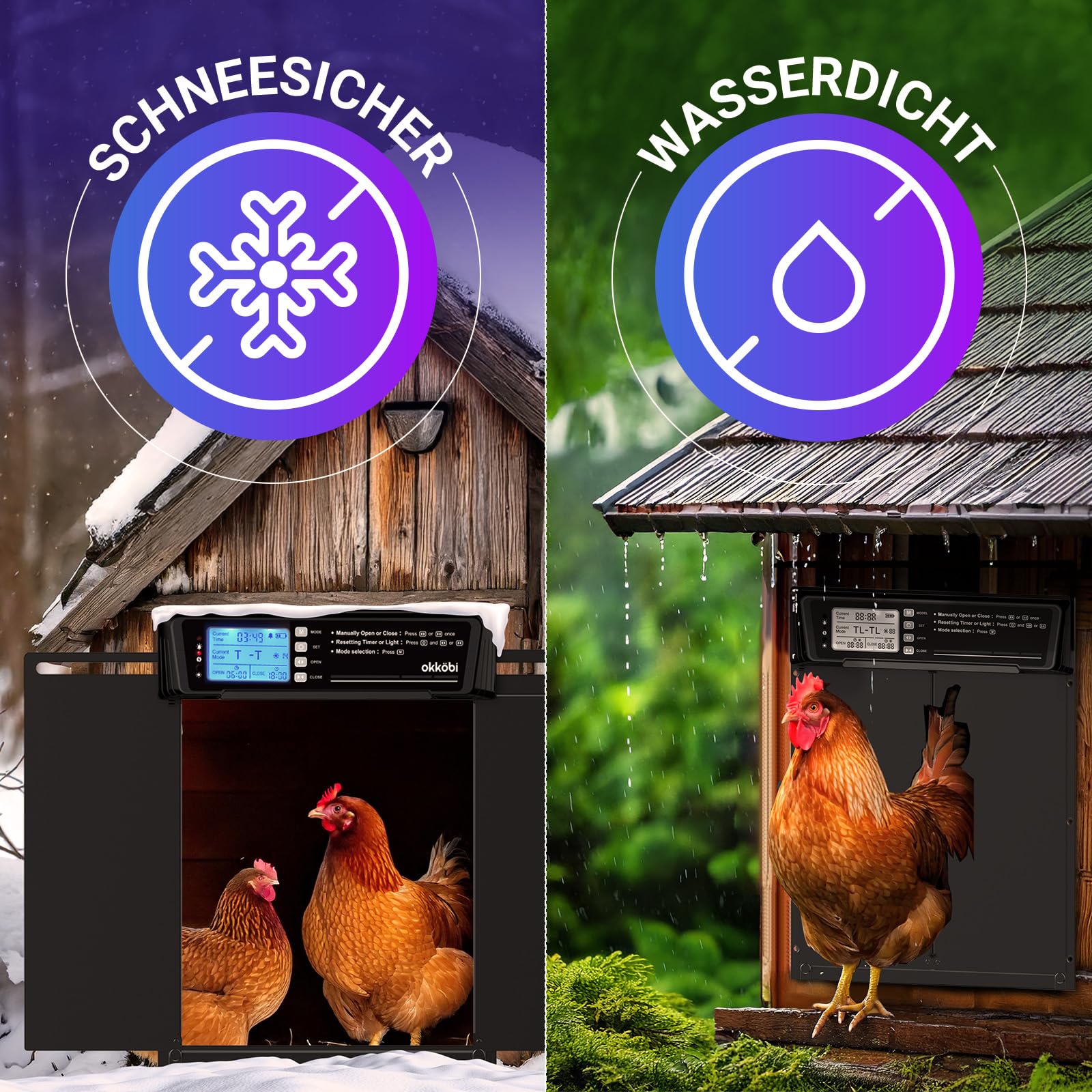 Okkobi Automatische Hühnerklappe Extra Large Solar – LCD Display, Fernbedienung, Lichtsensor, Timer & Einklemmschutz – Öffnung 28,7 x 22,1 cm – 5 Jahre Schutz – Schwarz