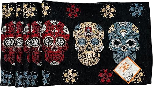 Home Decor Halloween Placemats Woven Tapestry Design Black Red Gold Blue Sugar Skulls Day of The Dead