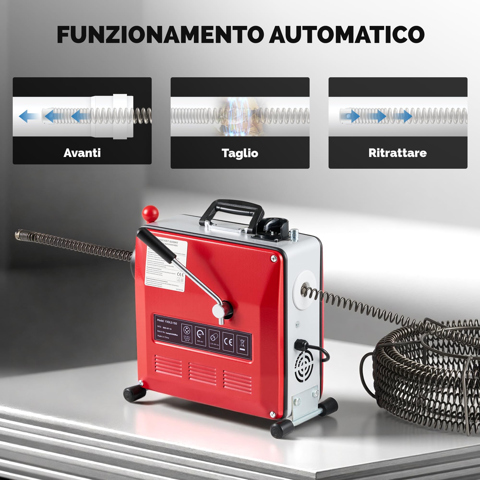 ZELCAN 850W Macchina Sturatubi Elettrica per Scarichi da 20-200mm, Coclea di Drenaggio Elettrica con Molla da 27m e 12 Testine Intercambiabili, per WC, Lavello e Tubature Industriali