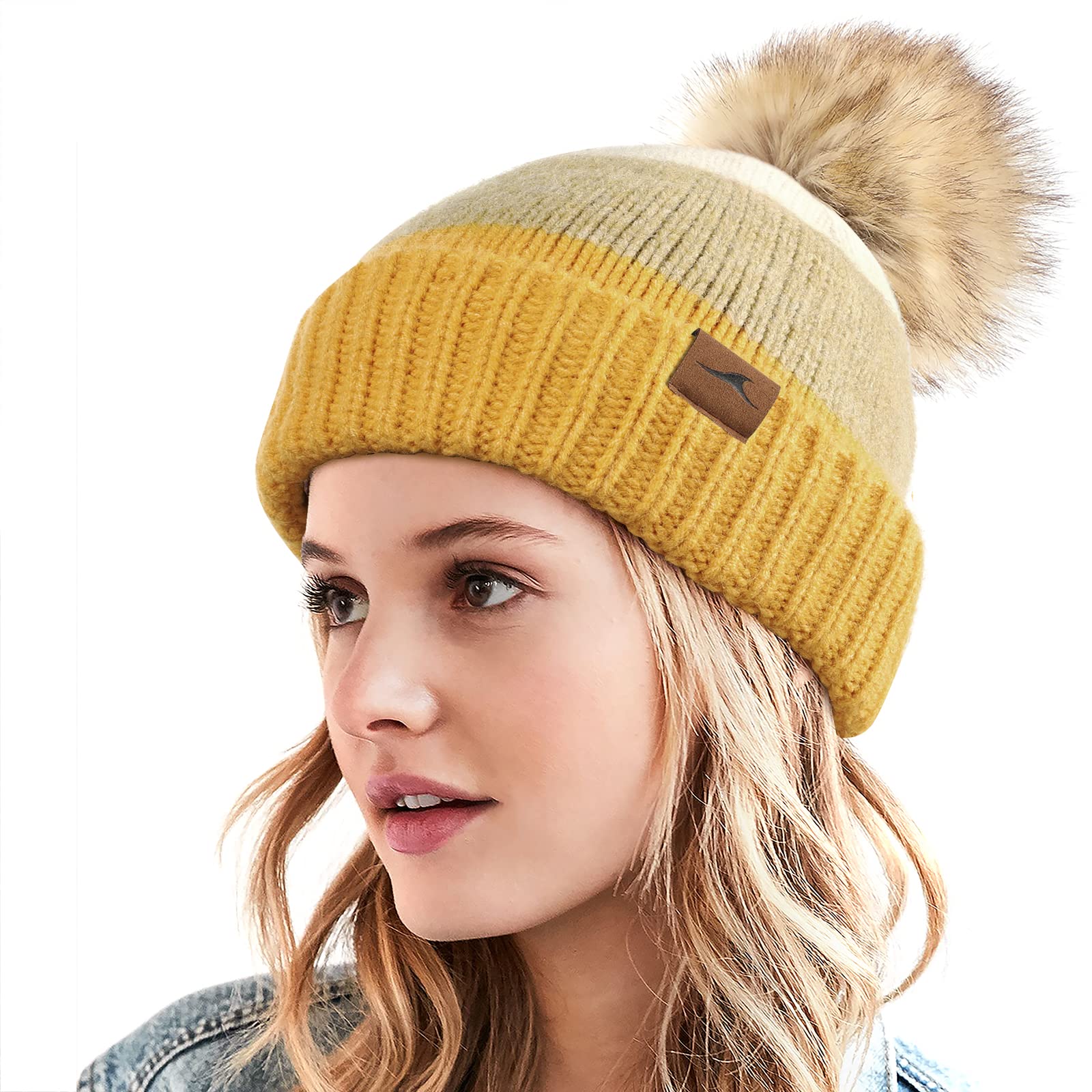 AchiouWinter Women Beanie Hat, Warm Cable Knit Beanies for Women, Color  Knitted Hat Skull Cap Faux Fur Pom Fleece Lined