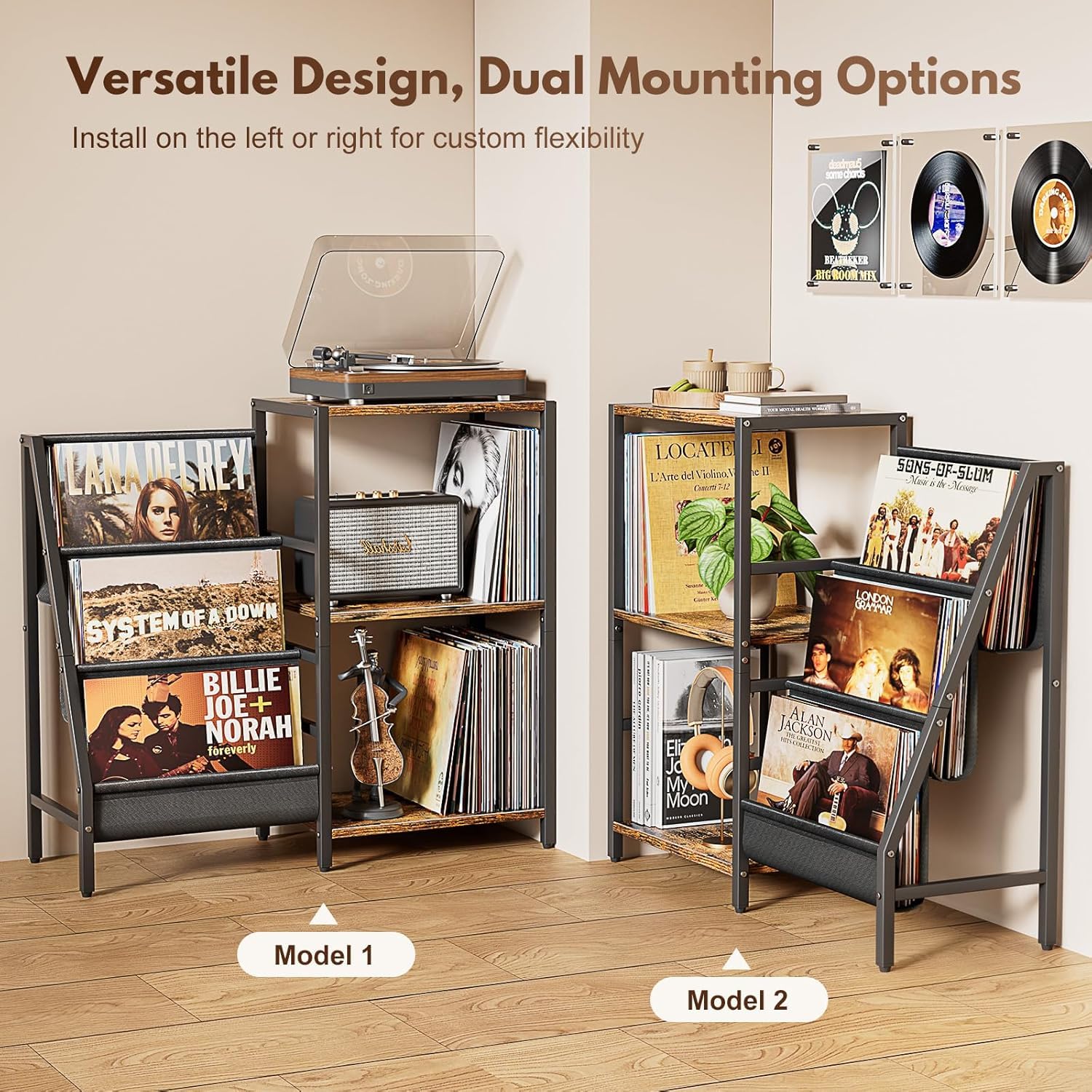 Mobile Giradischi e Porta Vinili, Porta Dischi Vinile, Vinili da Parete a 3 Livelli, Mobile per Giradischi e Vinili Archiviazione fino a 200 Albums, Cds