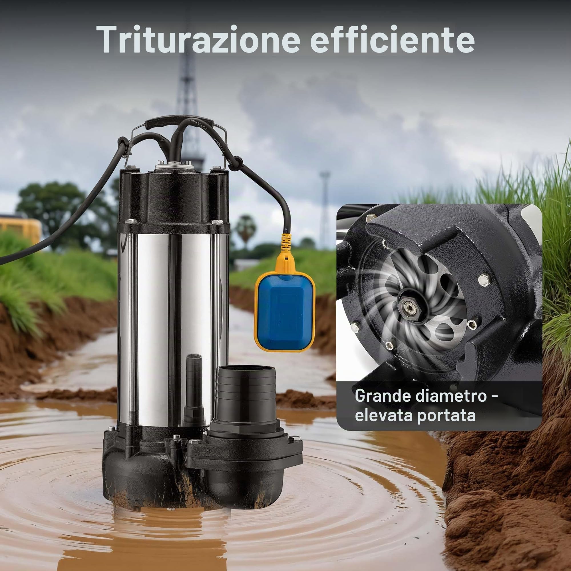 Wiltec Pompa sommersa acque nere con trituratore e galleggiante 31.200 l/h 2200 W, prevalenza 10m