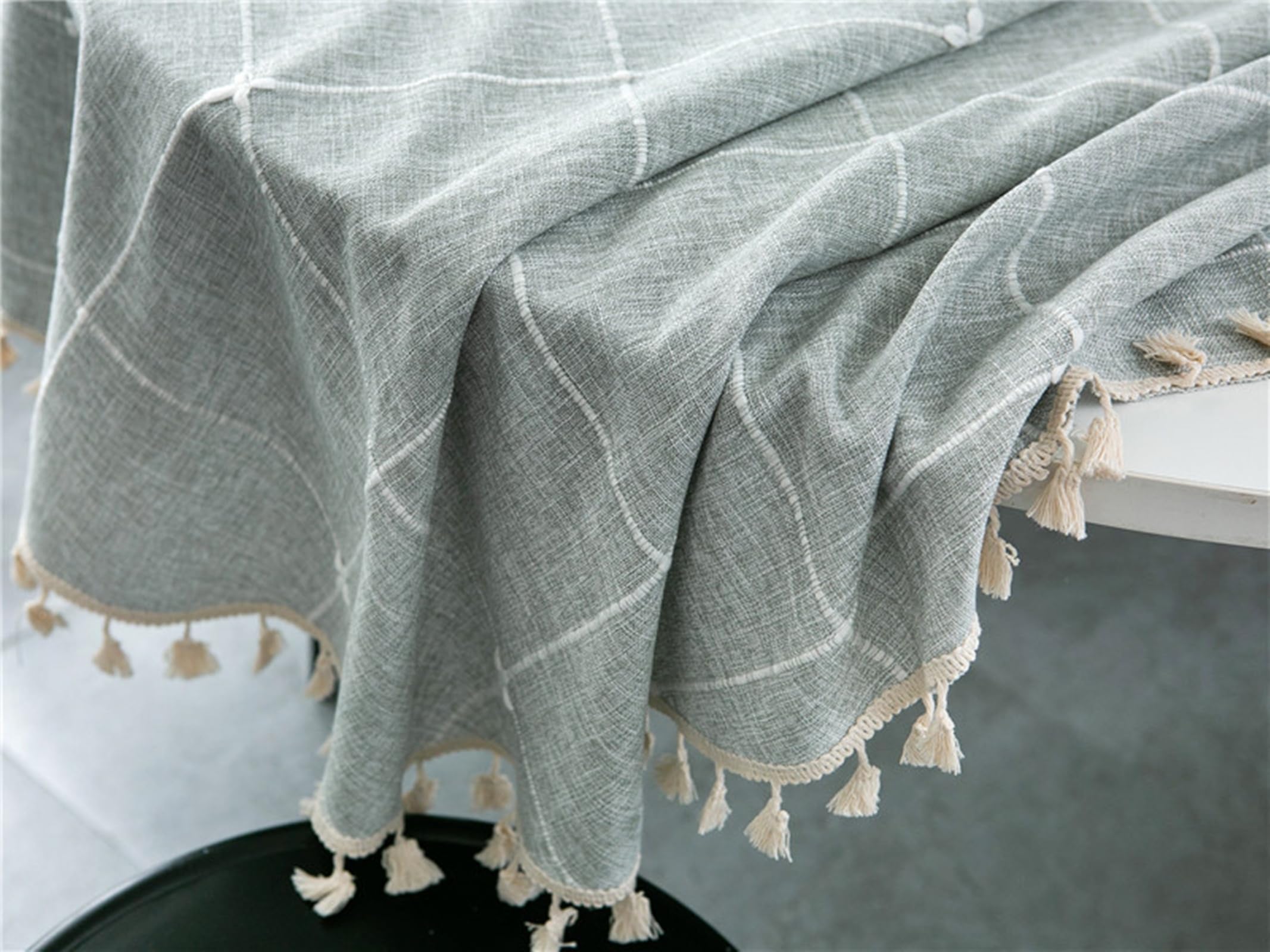 KnSam Mantel redondo de rejilla jacquard con borla, mantel de poliéster y algodón, mantel de terraza, antimanchas, para interior, exterior, jardín, comedor, 260 cm, azul y gris