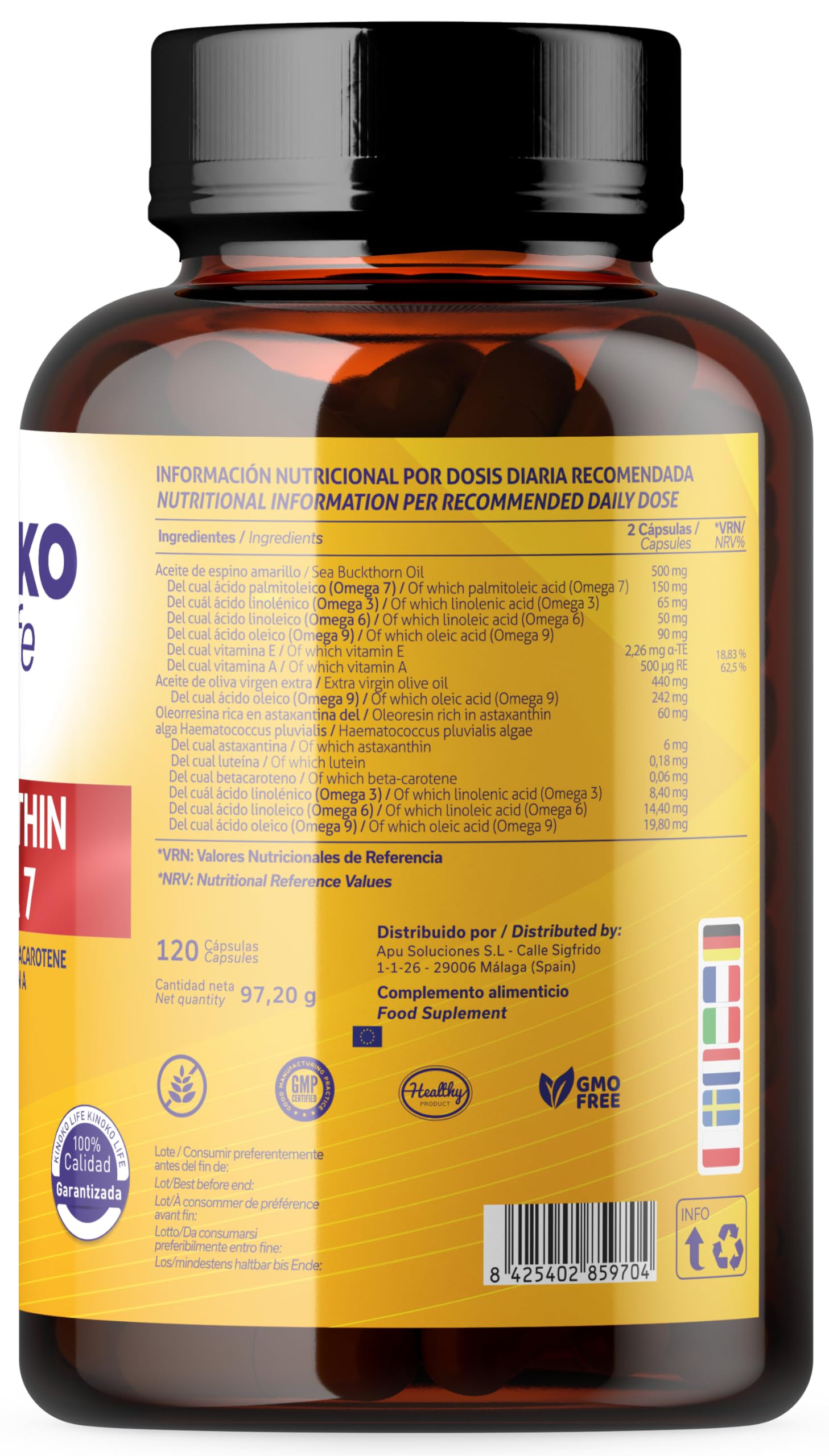 Astaxantina e Omega 7 dall'olio di olivello spinoso - 120 capsule con Omega 3, 6, 7, 9, luteina, betacarotene, vitamine E e A. Senza glutine. Senza OGM
