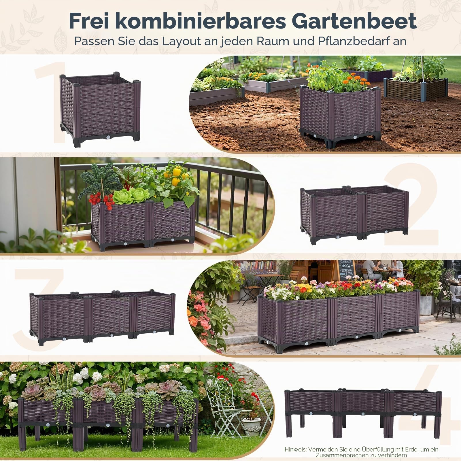 Hochbeet für Garten, Pflanzbeet Frühbeet Gartenbeet, sichtbarer Abfluss, erhöhte Pflanzkiste für Gemüse, Kräuter und Blumen，PP Blumenkasten für Garten Balkon,111 x 37 x 34.5 cm