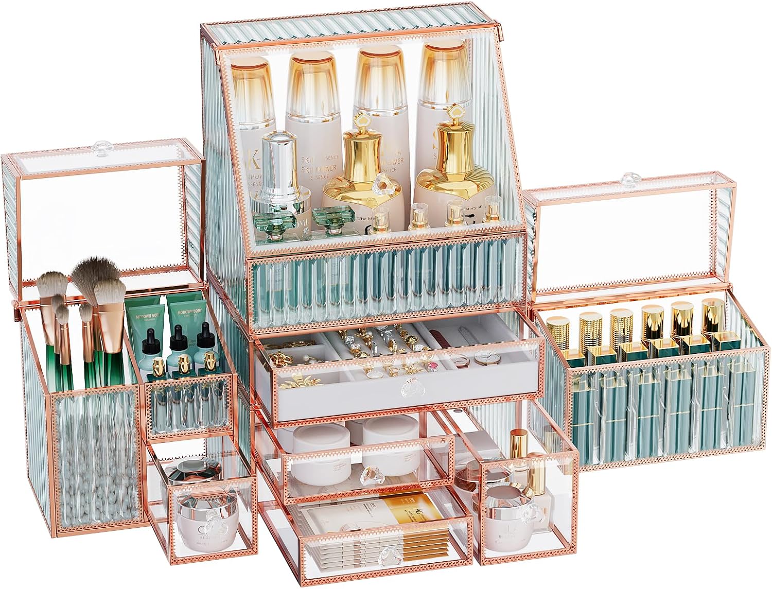Large Makeup Organizer, Glass Cosmetic Storage with Drawers, Stackable Makeup and Jewelry Organizer for Vanity Table, Bathroom Countertop, Skincare, Lipsticks, Perfume, Brushes Gold