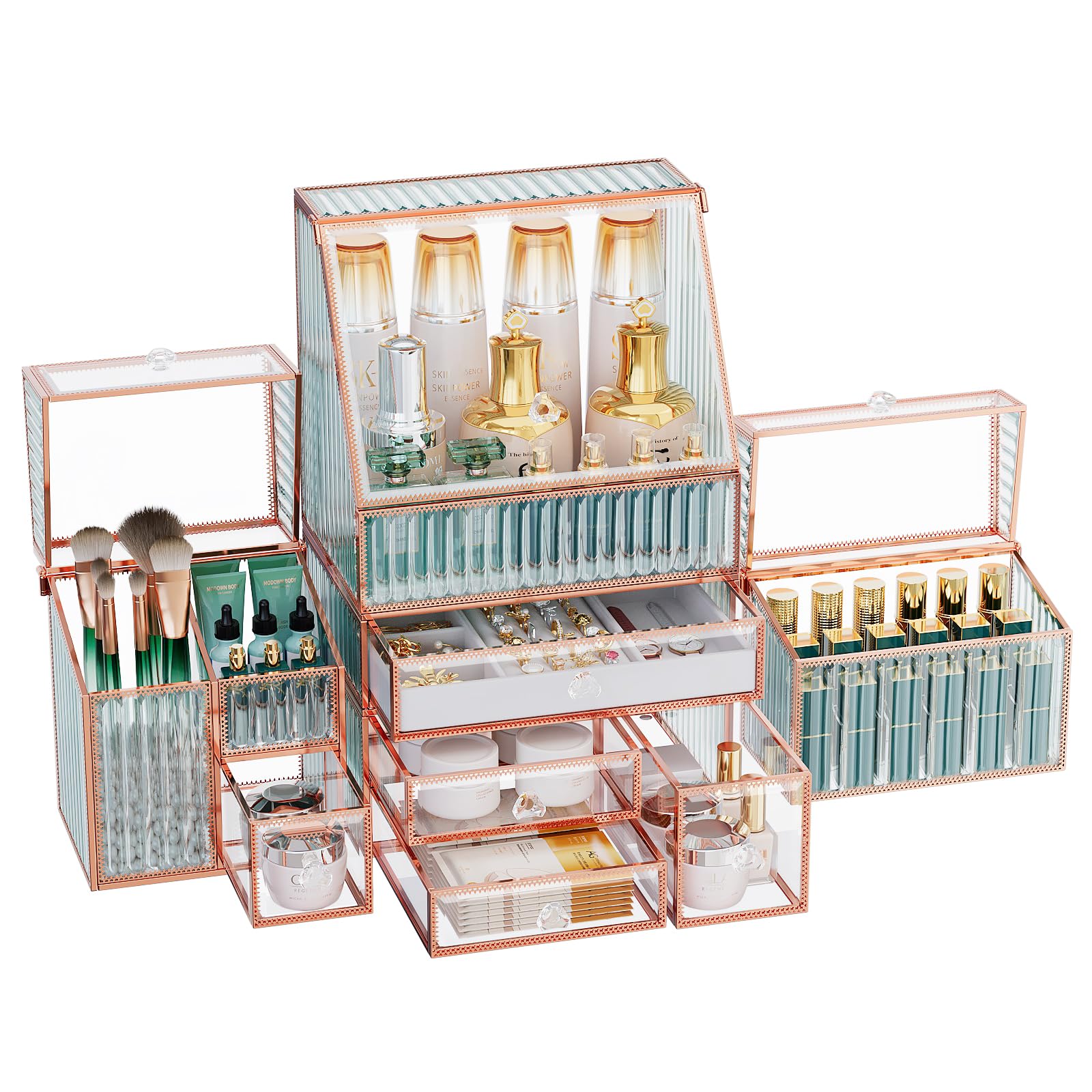 Youdepot Extra Großer Make up Organizer 5-teilig, Kosmetik Organizer aus gehärtetem Glas mit Schubladen, Schmuckbox, Pinselhalter, Skincare, Lippenstift und Parfüm