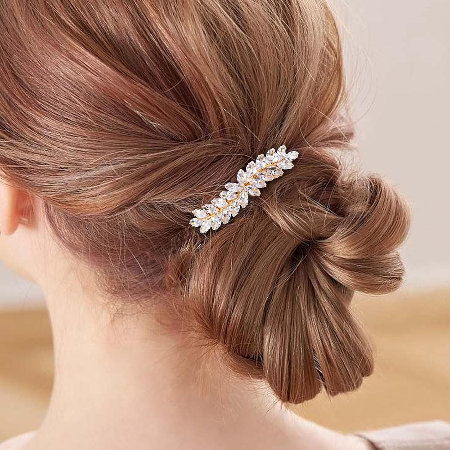 WHAVEL Rhinestone Hair Barrettes, Crystal Leaf French Bridal Hair Clips and Pins for Wedding, Vintage Hair Accessories for Bride and Bridesmaid (Gold) - Image 2