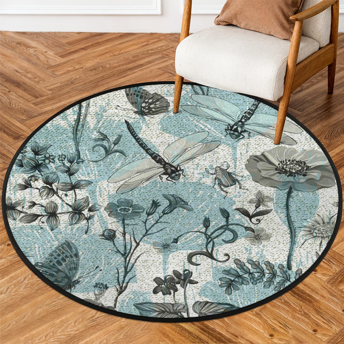 TropicalLife Flower Round Area Rug 160 cmFlower Dragonfly Circle Area Rugs for Room Home Indoor Non-Slip Floor Indoor Large Mat Rug